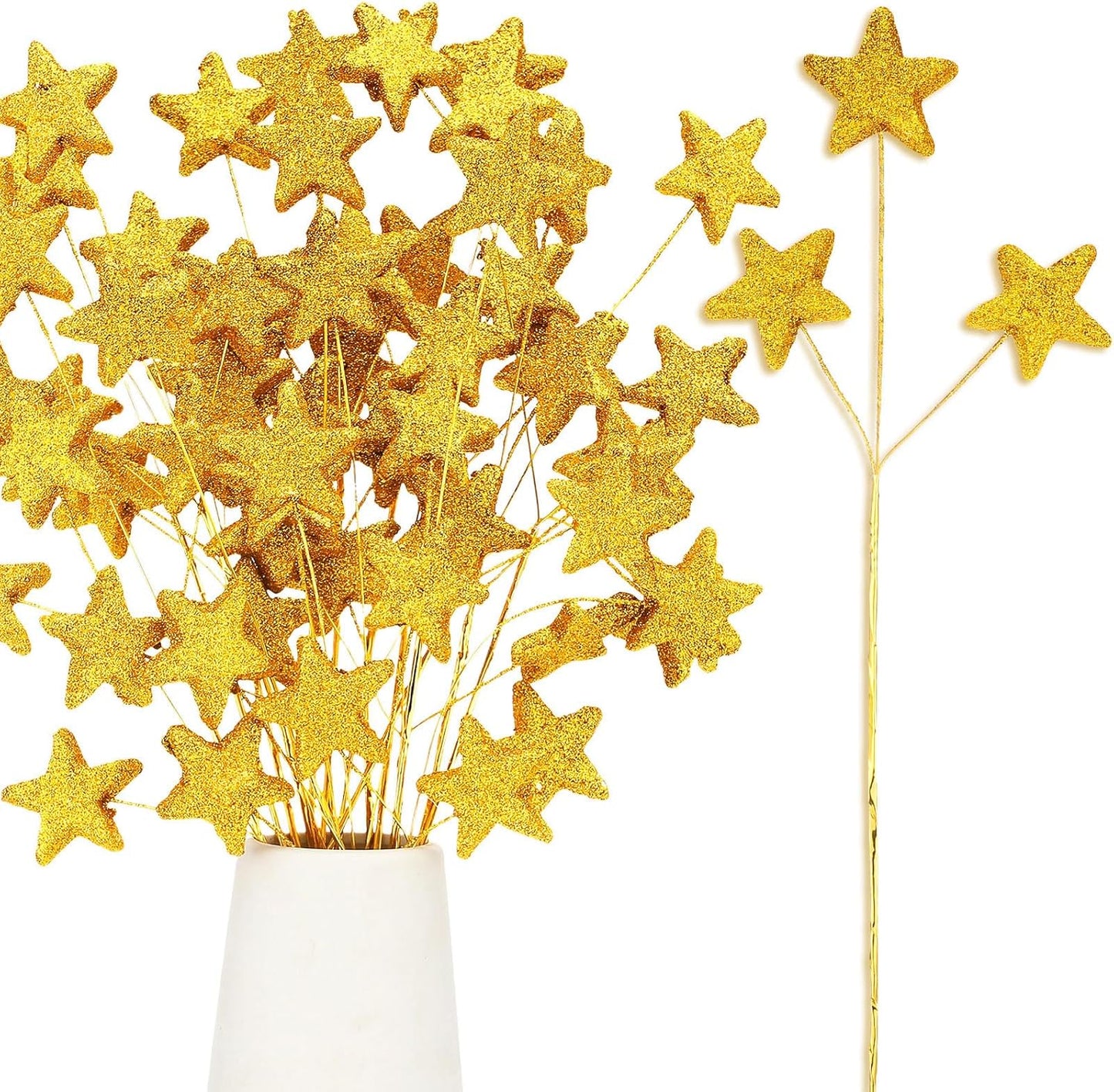 24 Pcs Glitter Star Picks 13.8'' Sparkly Stem Decoration Foam Vase Sticks Centerpiece Table Craft Filler for Wreath Birthday Wedding Bridal Shower Arrangement(Gold) Gold -