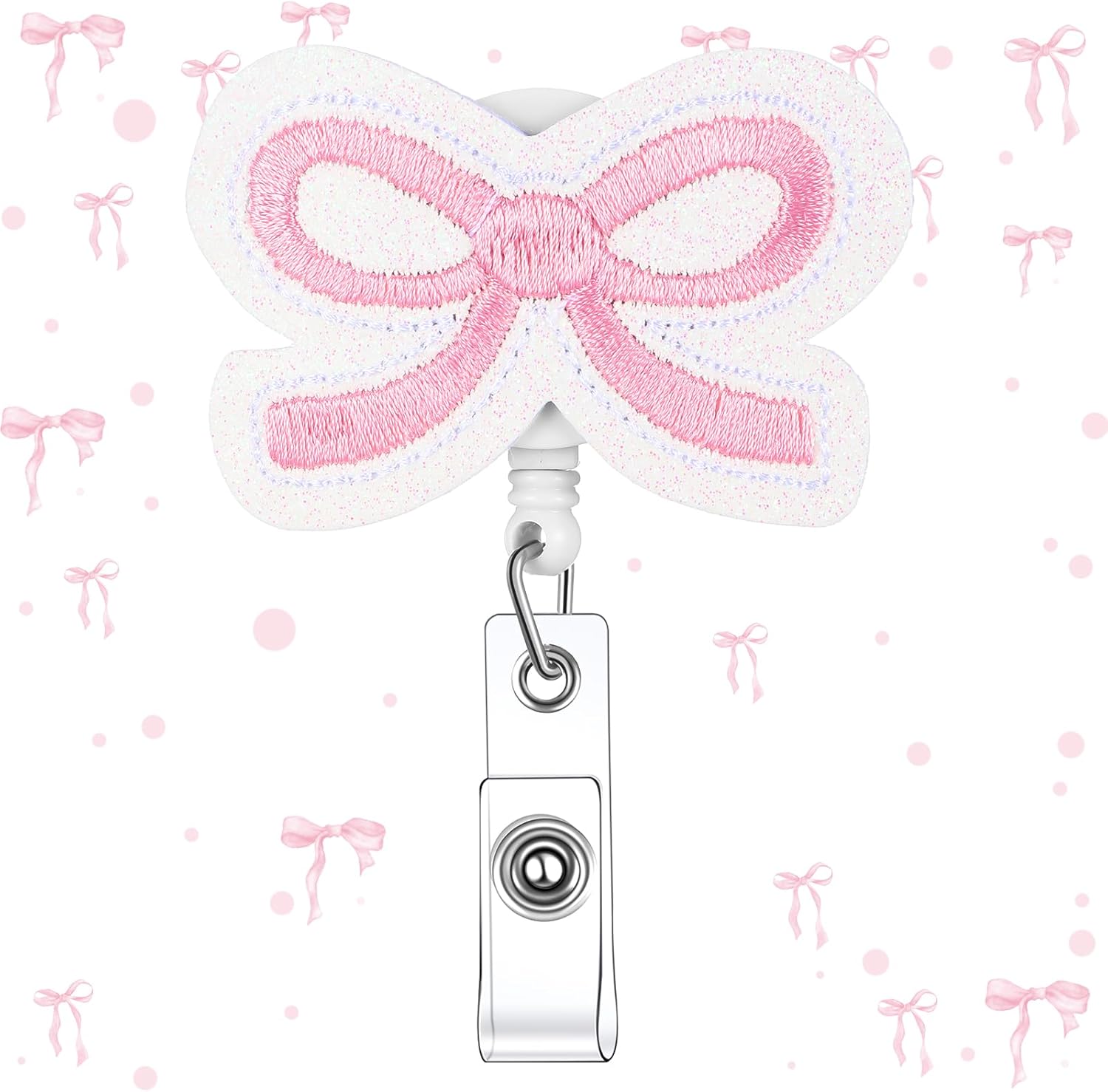 1 Pcs Pink Bow Badge Reel Coquette Retractable ID Holders Cute Name Tag Alligator Clip Hospital Medical Nurse Appreciation Gift for Office Employee Doctor Teacher -