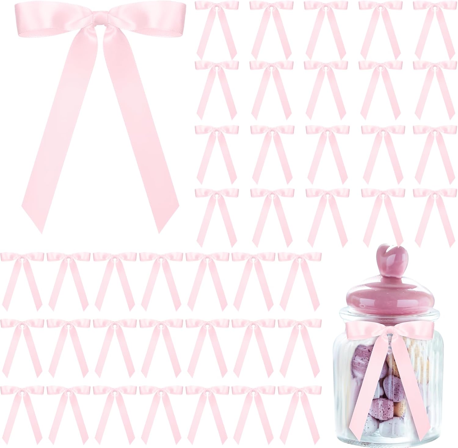 50 Pcs Pink Satin Ribbon Bows 7 Inch Large Self Adhesive Twist Tie for Gift Wrapping Craft Cake Balloons Coquette Wedding Birthday Baby Shower Bachelorette Party Decorations -