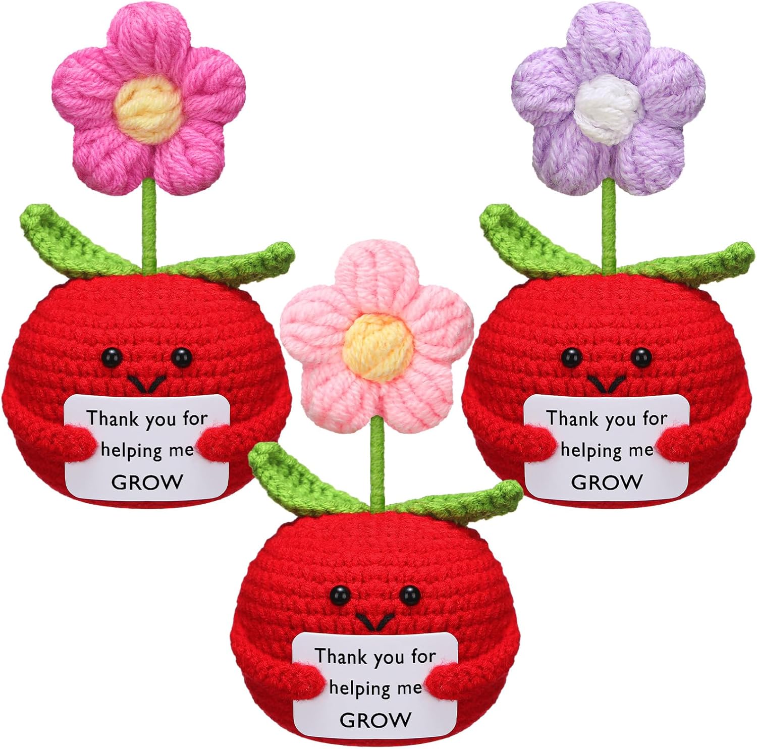 3 Pcs Teacher Appreciation Gifts Easter Gift Positive Flower Handmade Crochet Doll Thank You for Helping Me Grow Teachers Week(Apple Puff Flower) -