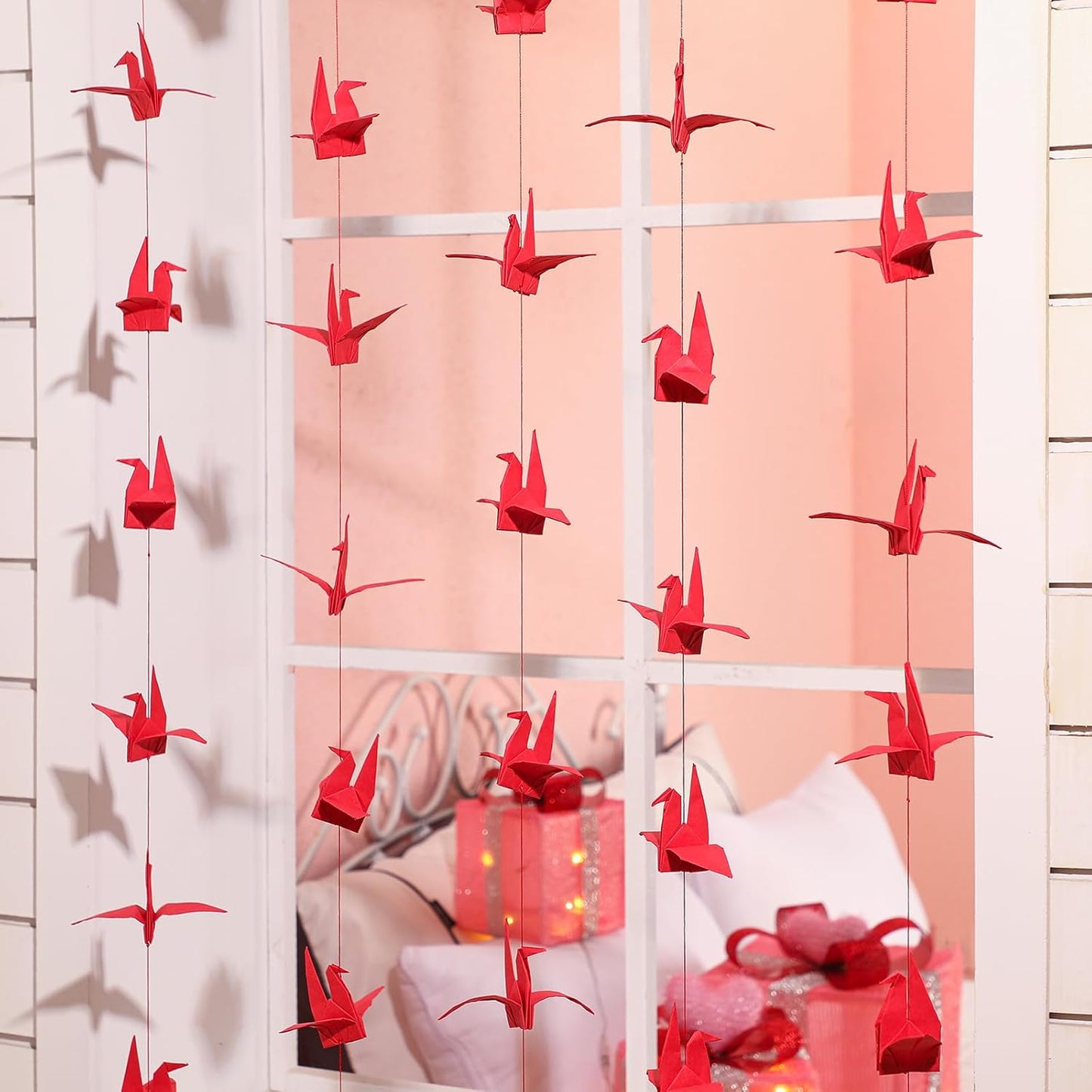 10 Pcs Paper Crane Hanging Garlands Premade Origami Cranes on String Kit Folded Bird Streamers for Japanese Asian Party Decorations Home Family Bridal Shower Supplies(Red) -
