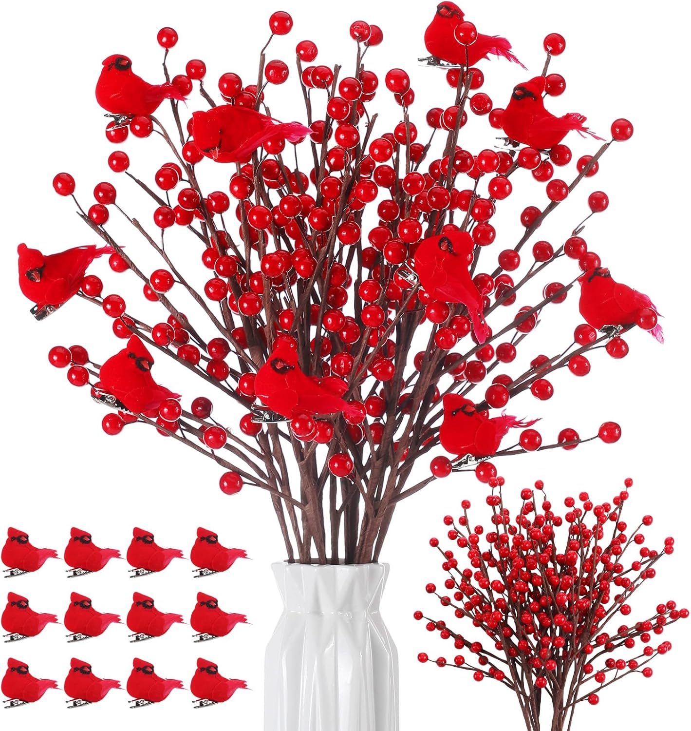 24 Pcs Artificial Cardinal Christmas Tree Decoration Set Red Birds Berries Stems Ornament for Xmas Holiday Crafts Wedding Home Arts Decor -