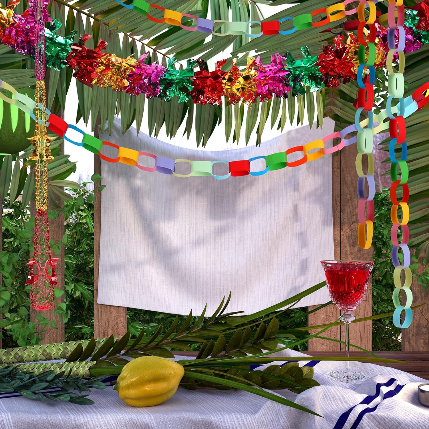 190 Pcs Sukkot Garland Decorations Shimmering Sukkah Hanging Paper Chain Strips Roof Banner Colorful Indoor Outdoor Party for Jewish Holiday Festival Supplies -