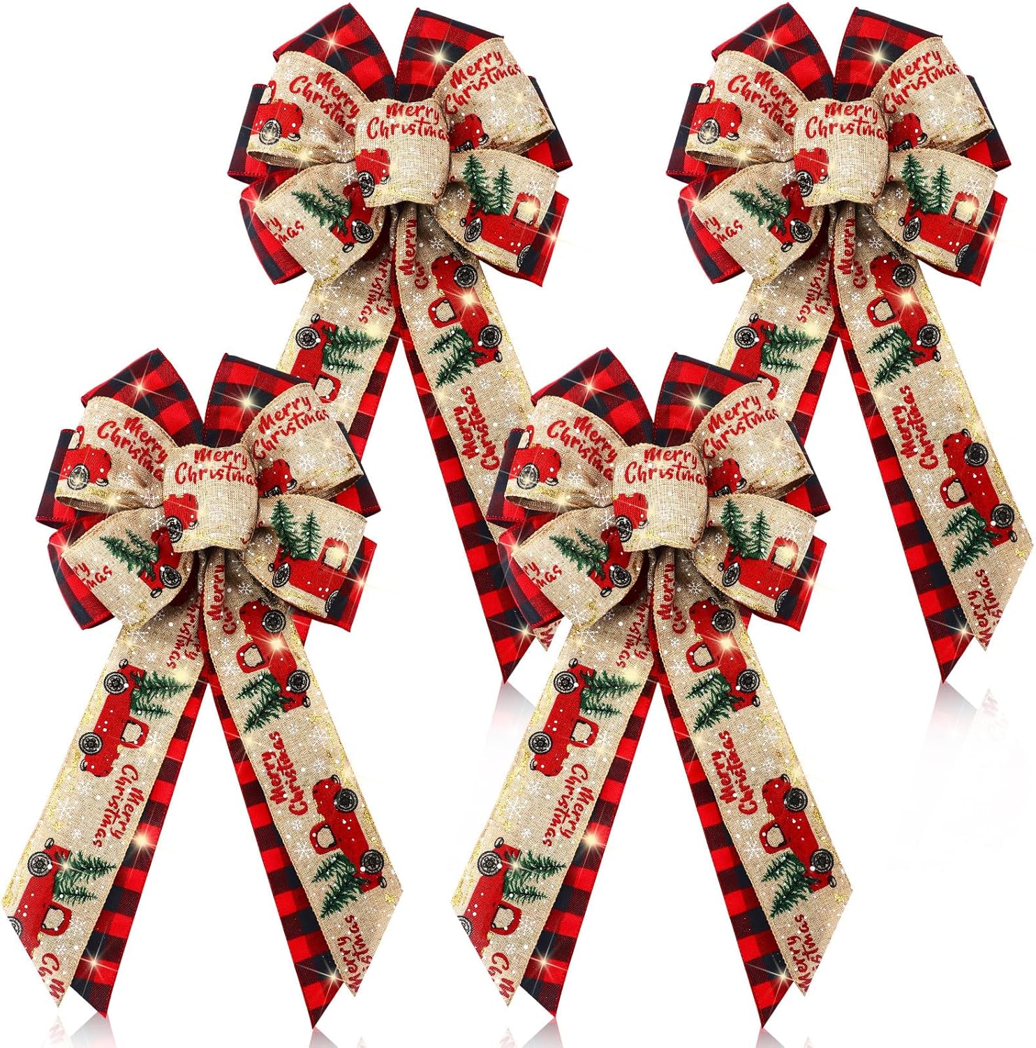 4 Pcs 10 x 18 Inch Christmas Buffalo Plaid LED Wreath Bow, Burlap Red Black Truck Pattern Lighted Bows, Xmas Tree Topper Ornaments Front Door Wall Stairs Decor for Indoor Outdoor Winter -