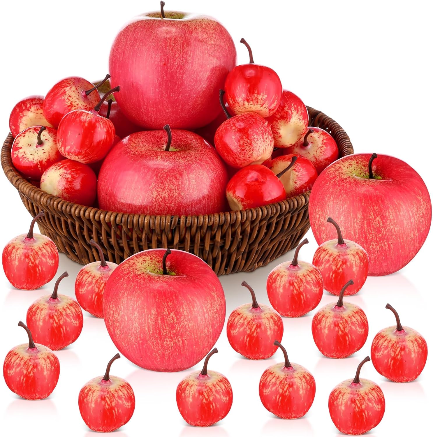 30 Pcs Fake Apples with Woven Basket Fall Artificial Red for Autumn Harvest Decoration, Photography Props, Kitchen Table Centerpiece, Wreath DIY Crafts(2 Sizes) -