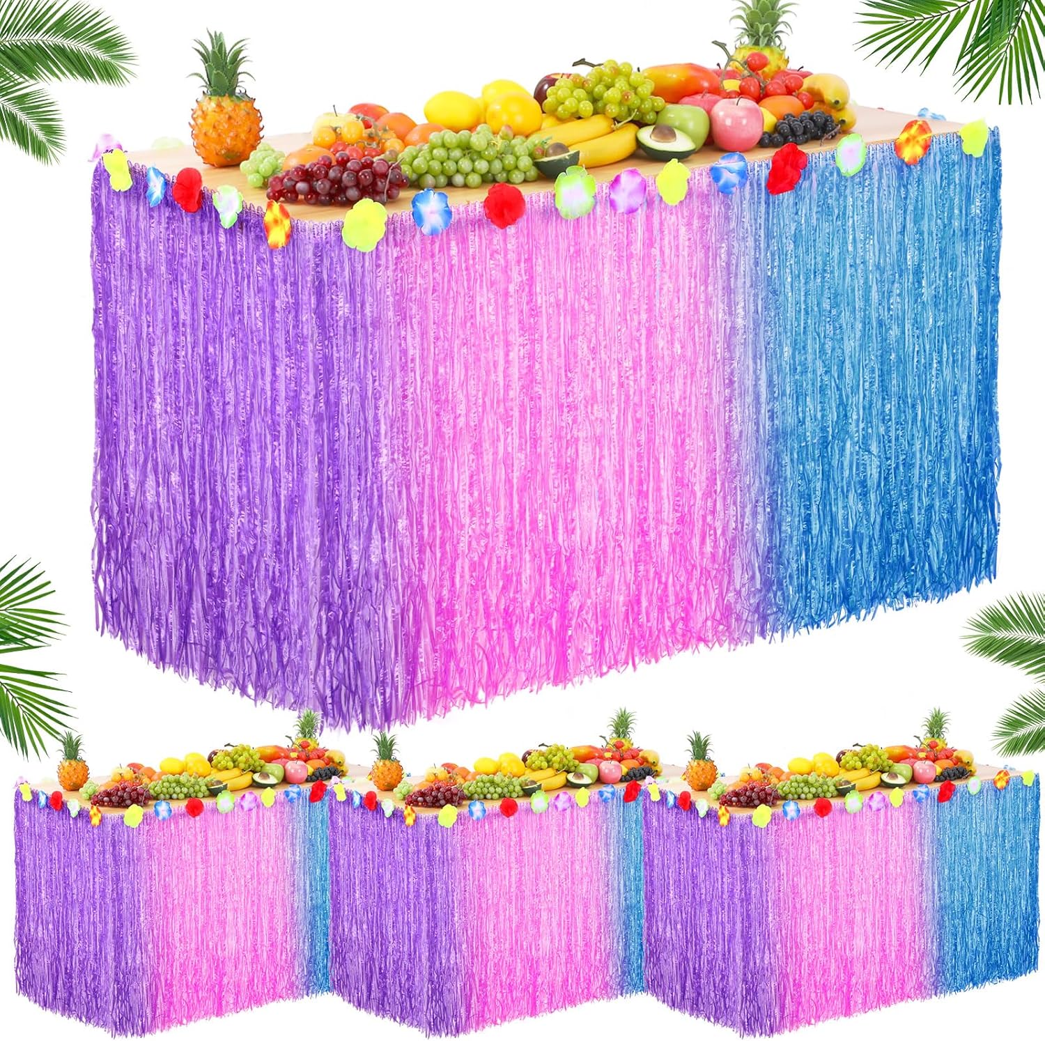 4 Pack Luau Grass Table Skirt Colorful 9 Feet x 30'' Hawaiian Tropical Theme Party with Hibiscus Flower for Birthday Summer Beach Lemon Decor(Purple, Pink) Purple, pink -