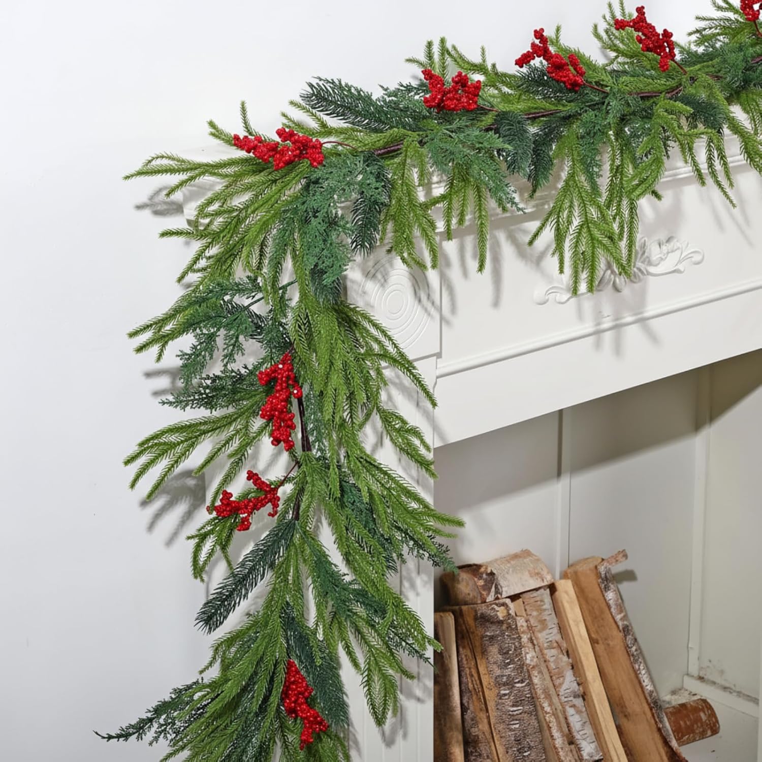 9ft Christmas Norfolk Pine Garlands, Artificial Realistic Greenery Garland, Winter Garlands for Table Fireplace Wall Centerpiece Decoration Red Berry -