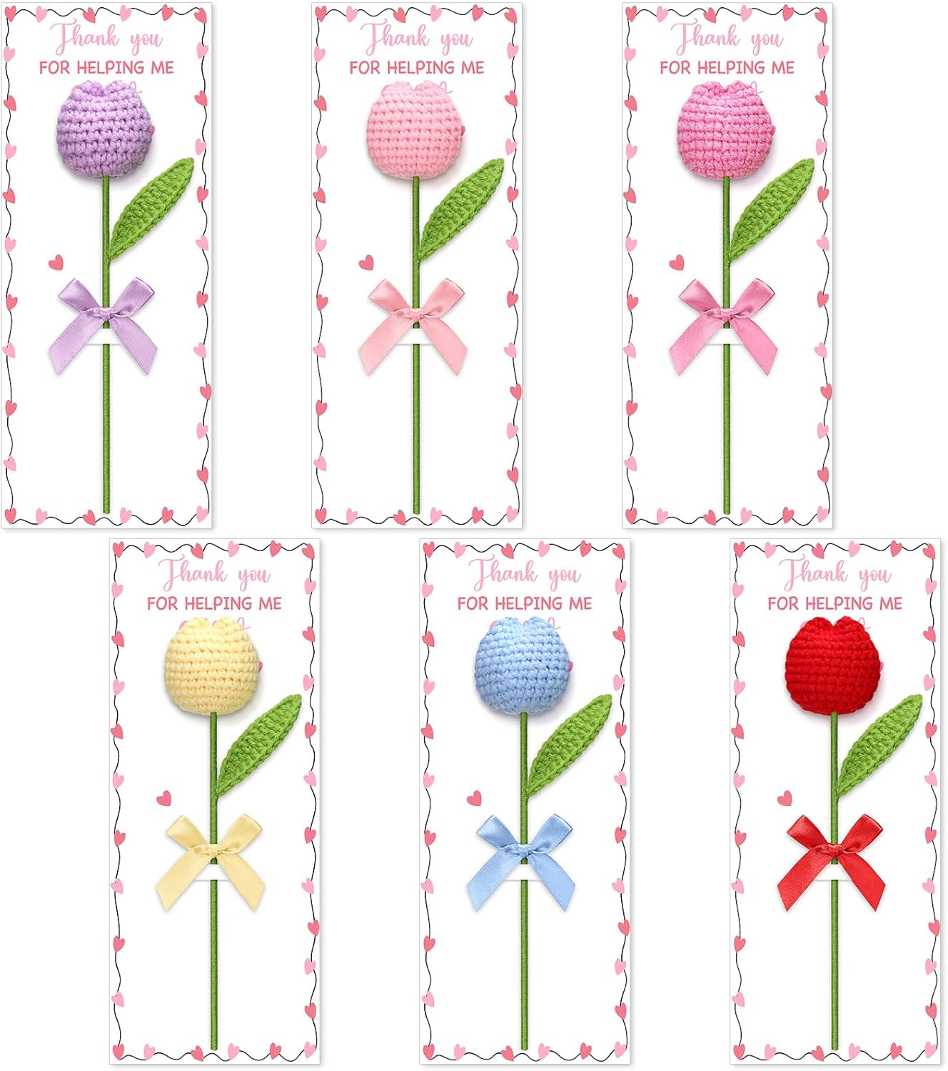6 Sets Graduation Crochet Gifts for Teacher Bulk Positive Handmade Tulip Flower Thank You Helping Me Grow Appreciation Week Gift Women Men Educator -