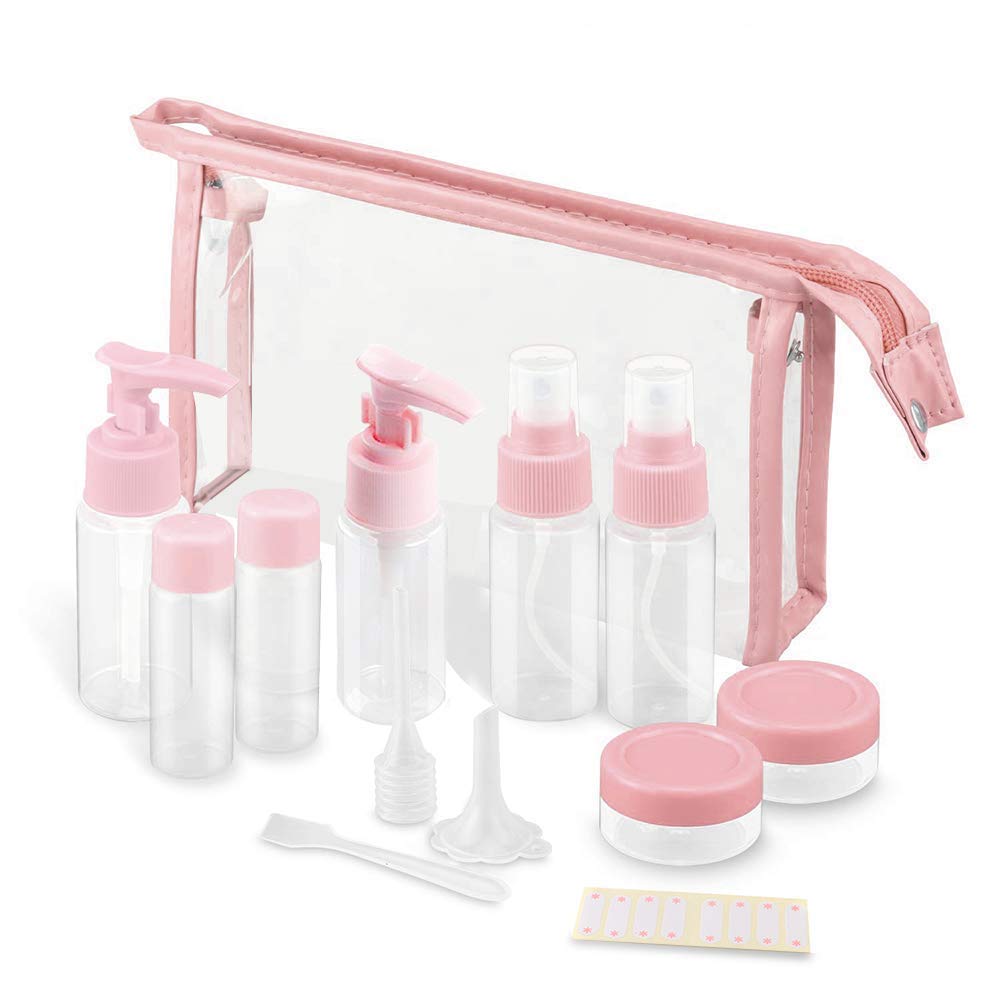 Travel Bottles Kit, TSA Approved Leak Proof Portable Toiletry Containers Set, Clear PET Flight Size Cosmetic for Lotion, Shampoo, Cream, Soap, Set of 11 pink -