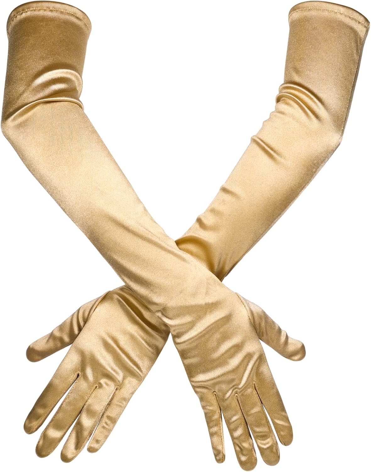 Long Elbow Satin Gloves, Stretchy 21inch 1920s Opera Gloves for Evening Dancing Parties Golden -