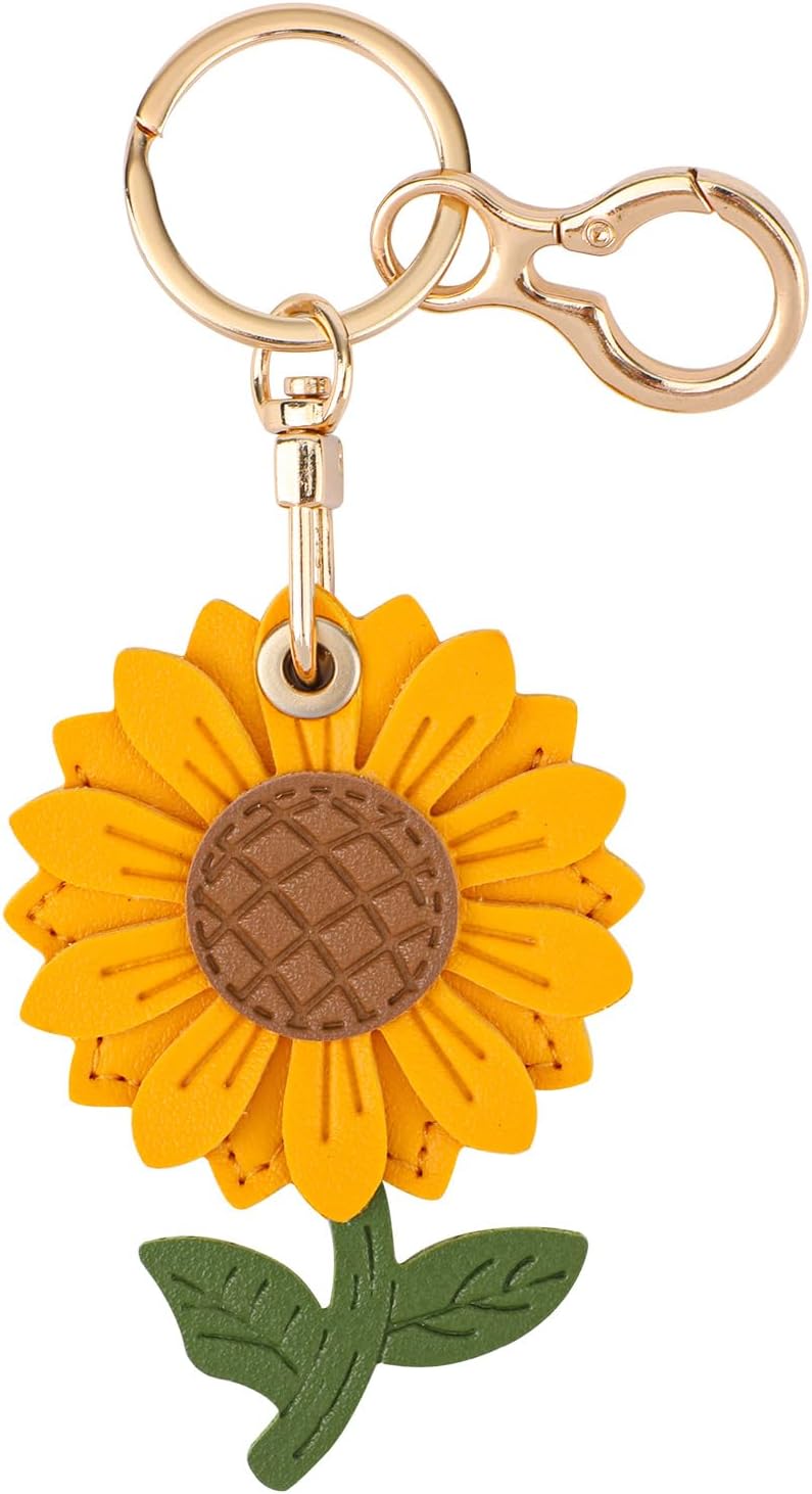 Sunflower Keychain Compatible with AirTag, Cute Leather Holder Flower Keyring Cover Case Charm for Wallet Key Chain Accessories -