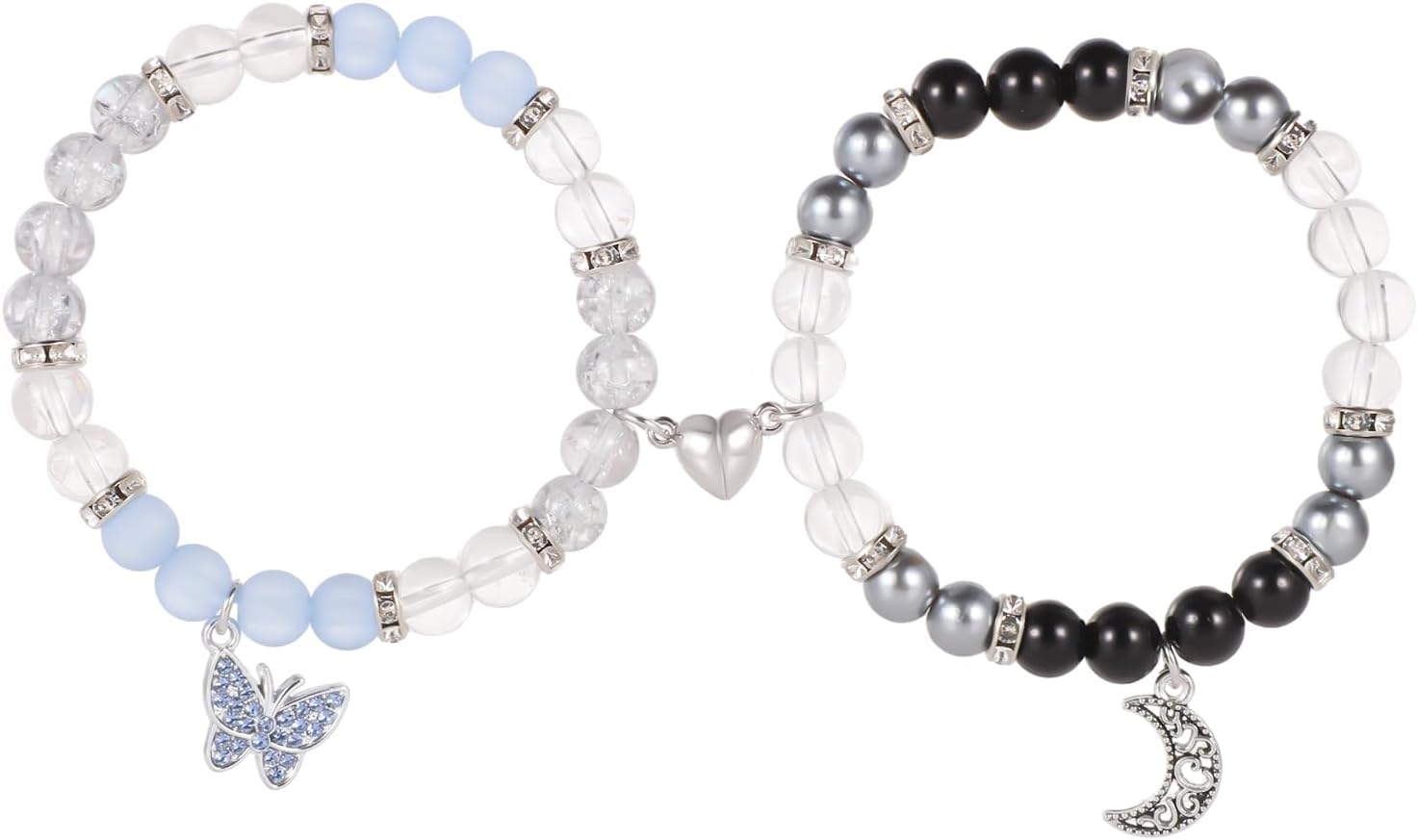 2pcs Couple Bracelets, Magnetic Butterfly And Moon Matching Bracelets Mutual Attraction Valentine Relationship Love Heart Friend Jewelry Gift for Women Men -