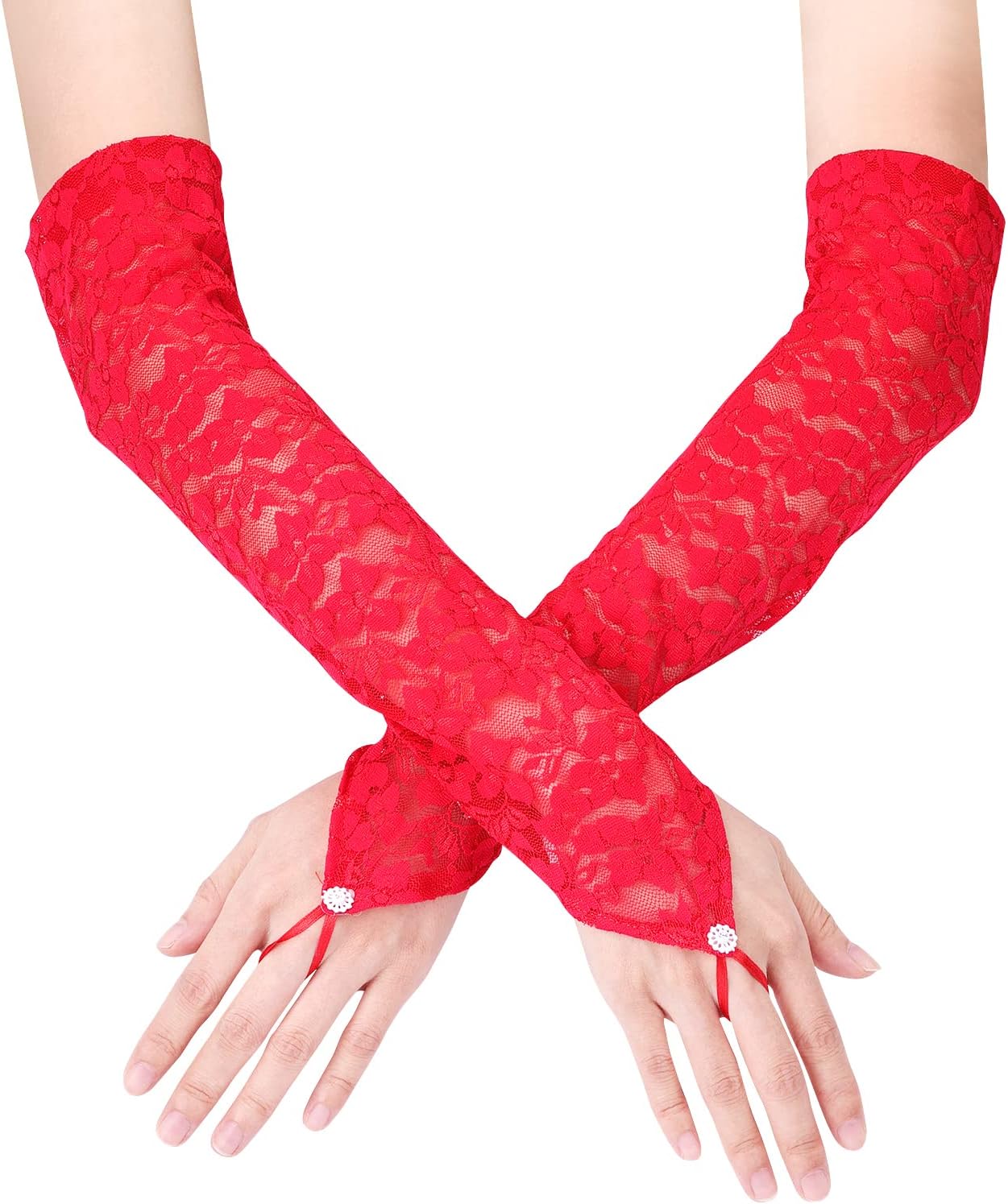 Long Lace Gloves, Bridal Fingerless Gloves for Women Tea Party 1920s Costumes Opera Masquerade, Elbow Length 15.7inch (Red) -