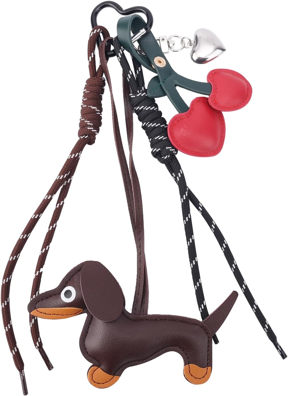 Leather Dachshund Keychain, Cute Dog Heart Cherry Keyring Puppy Bag Pendant Key Chain Charm Accessories for Handbag Purses Bags Cars Fashion Gifts Lovers -
