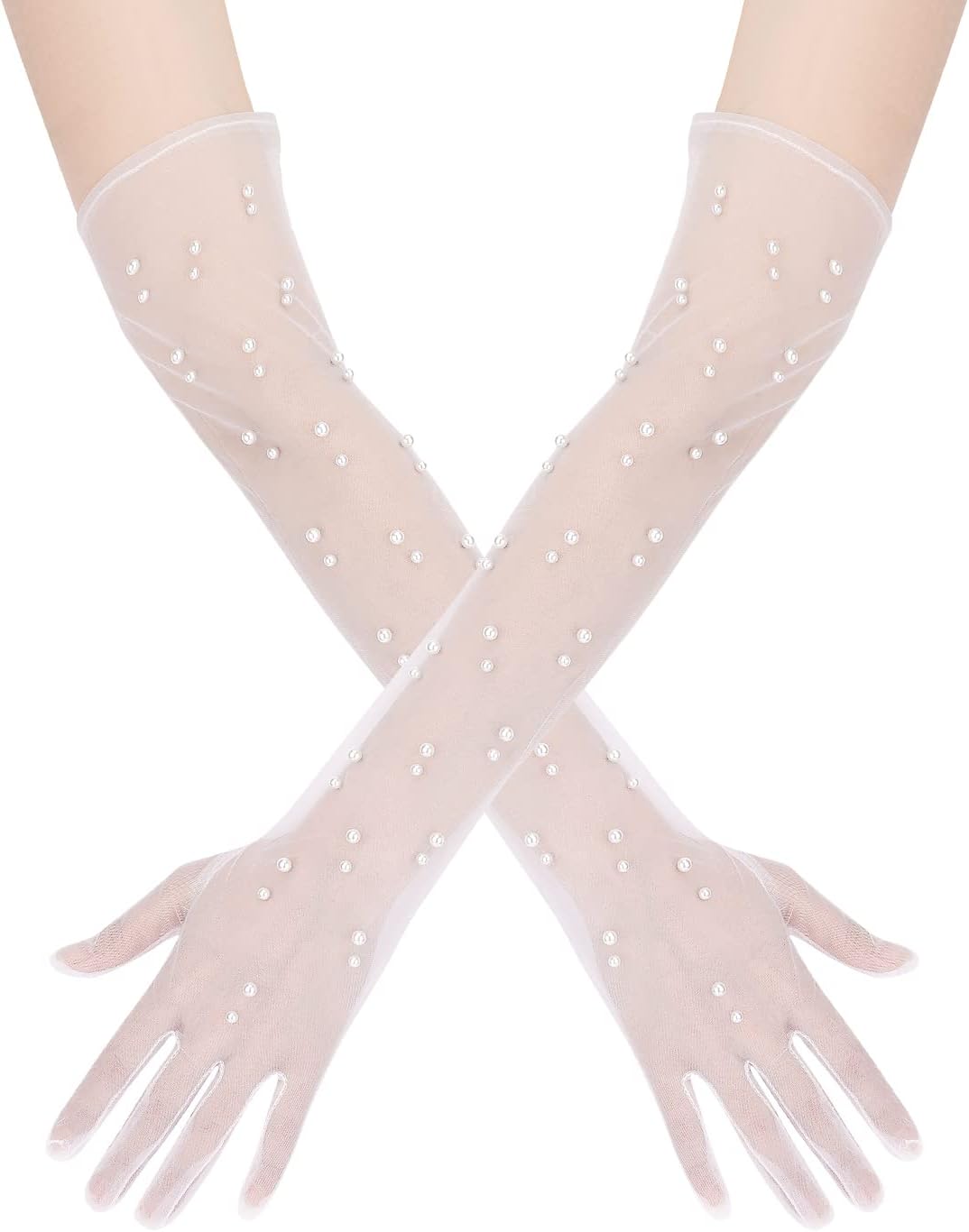 1 Pair Pearl Wedding Gloves - Elegant Long Tulle Bridal White Lace for Brides, Girls, Women