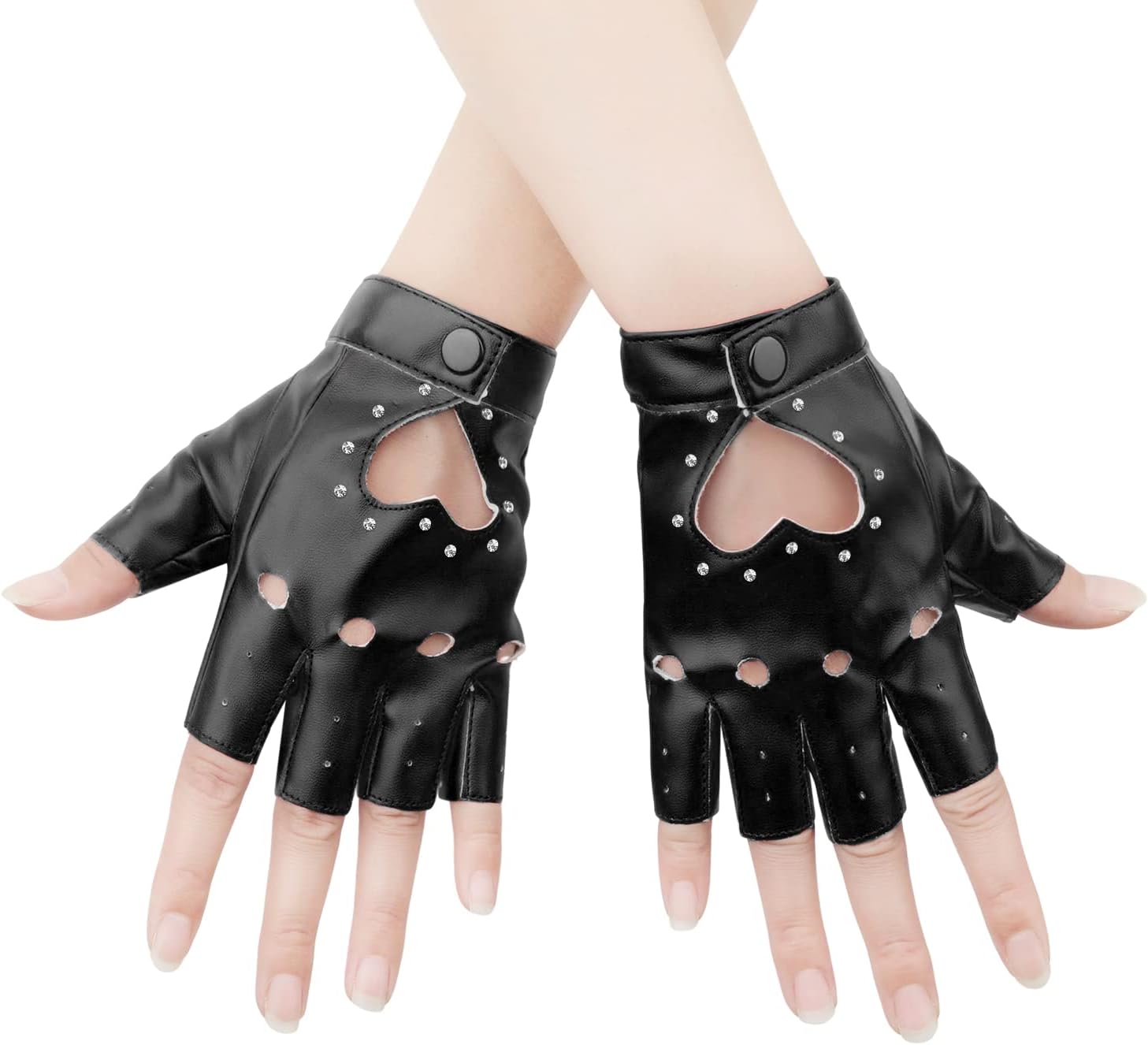 1 Pair Half Finger Leather Gloves, Stylish Fingerless Gloves with Rhinestone for Women, Teens, Cosplay & Performance (Black, Medium) -