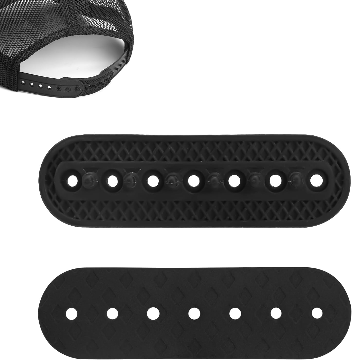 2 Pack Hat Extender, 7 Holes Cap Strap Back Replacement Adjustable Half Size Extension Accessories Easy to Attach Baseball Snap Extender for Snapback Cowboy Women Men Black -