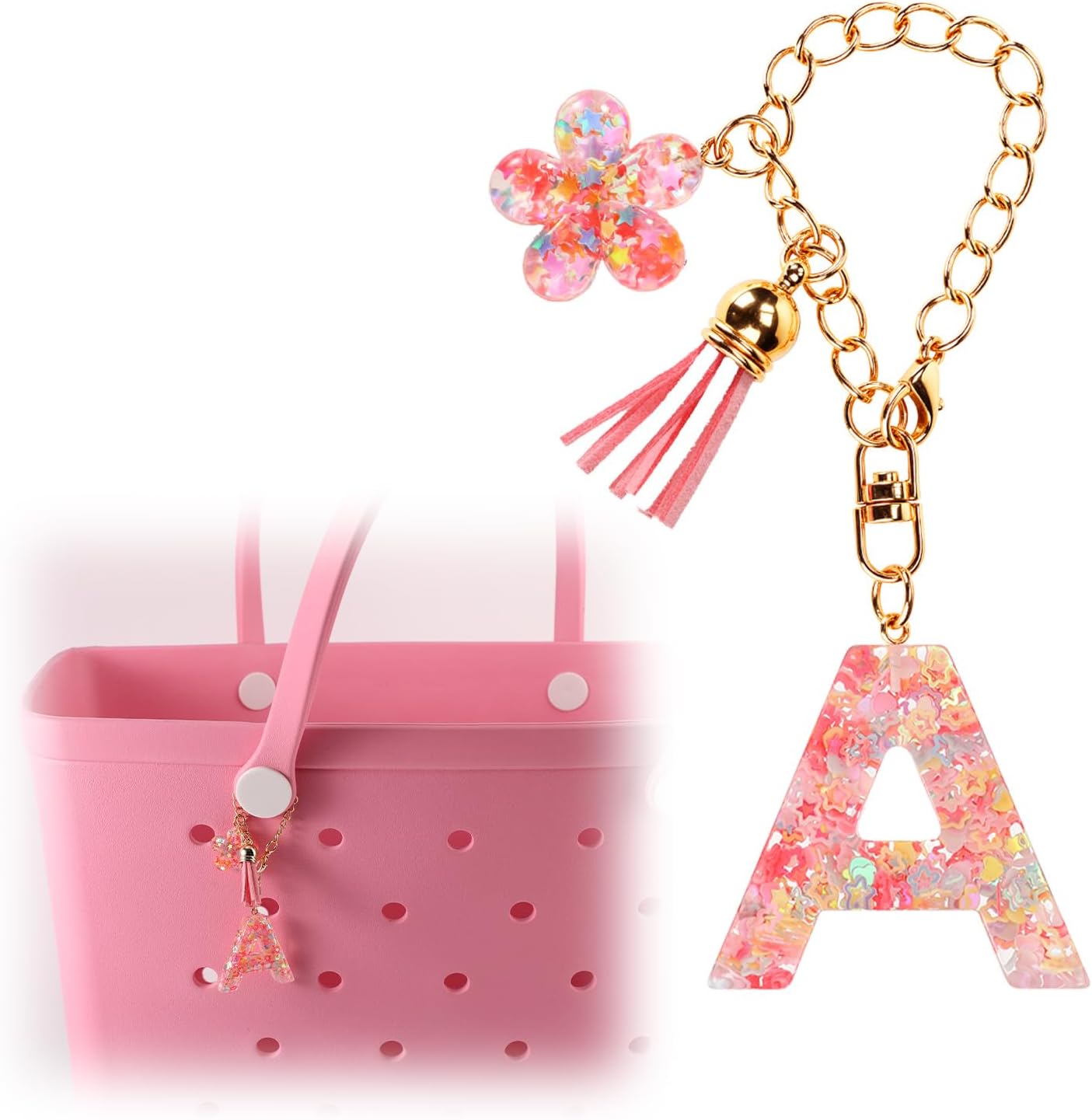Sequin Initial Bag Charm for Bogg Beach Bag, Resin Keychain Letter Alphabet with Tassel Accessory Decorations Women -