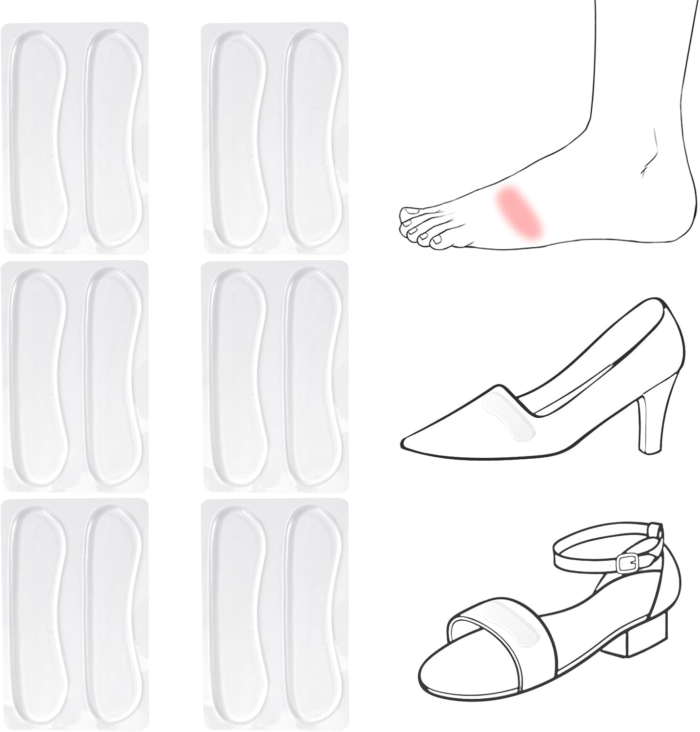 6 Pairs Sandal Strap Cushion Strips, Transparent Self-Adhesive Heel Liners Anti-Slip Pads for Shoes Too Big Slipping Rubbing -