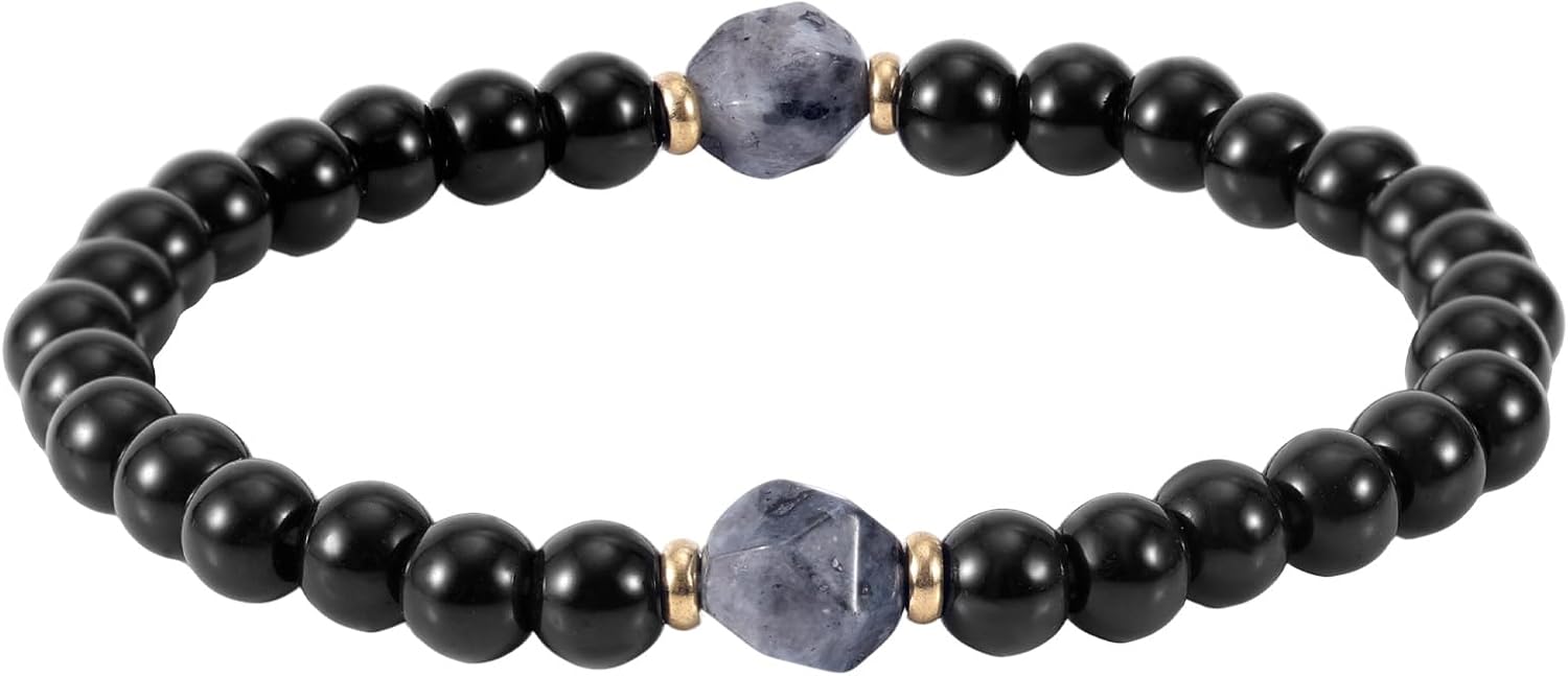 Black Tourmaline Obsidian Bracelet, Adjustable Onyx Stone Crystal White Flash Protection Bead Jewelry Gifts for Men Women Valentine Birthday Anniversary Present -