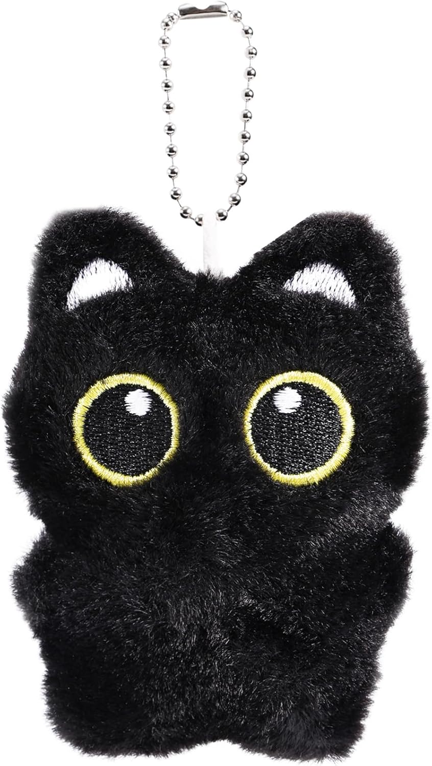 Cat Plush Keychain, 3.74x2.95in Black Adorable Animal Pendant Kawaii Keyring Charm Accessories Cute Kitty Lover Gifts for Handbags Backpacks Wallets -