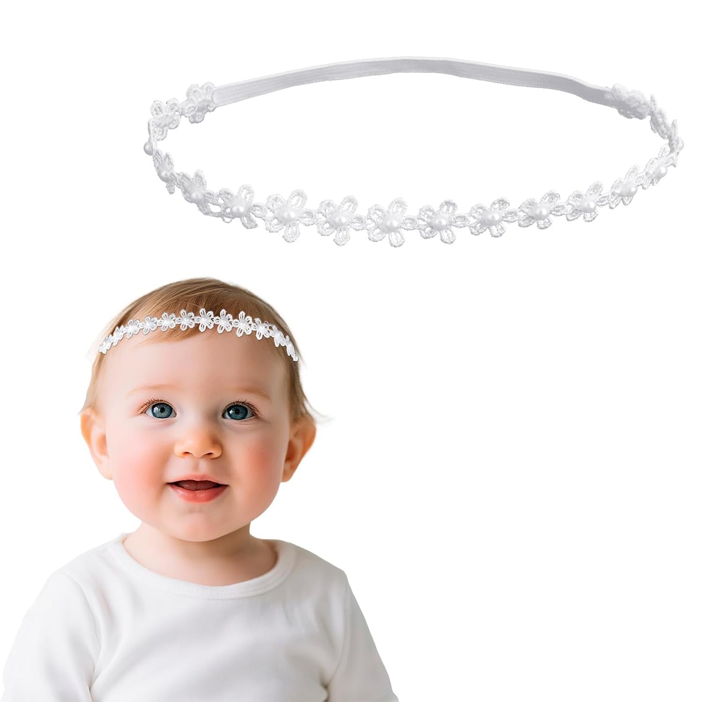 Elastic Baptism Headband for Baby Girl, 16.5 Inch White Flower Christening Soft Lace Toddler Hair Bands with Pearls Accessories Newborn Kids Infants Gifts -