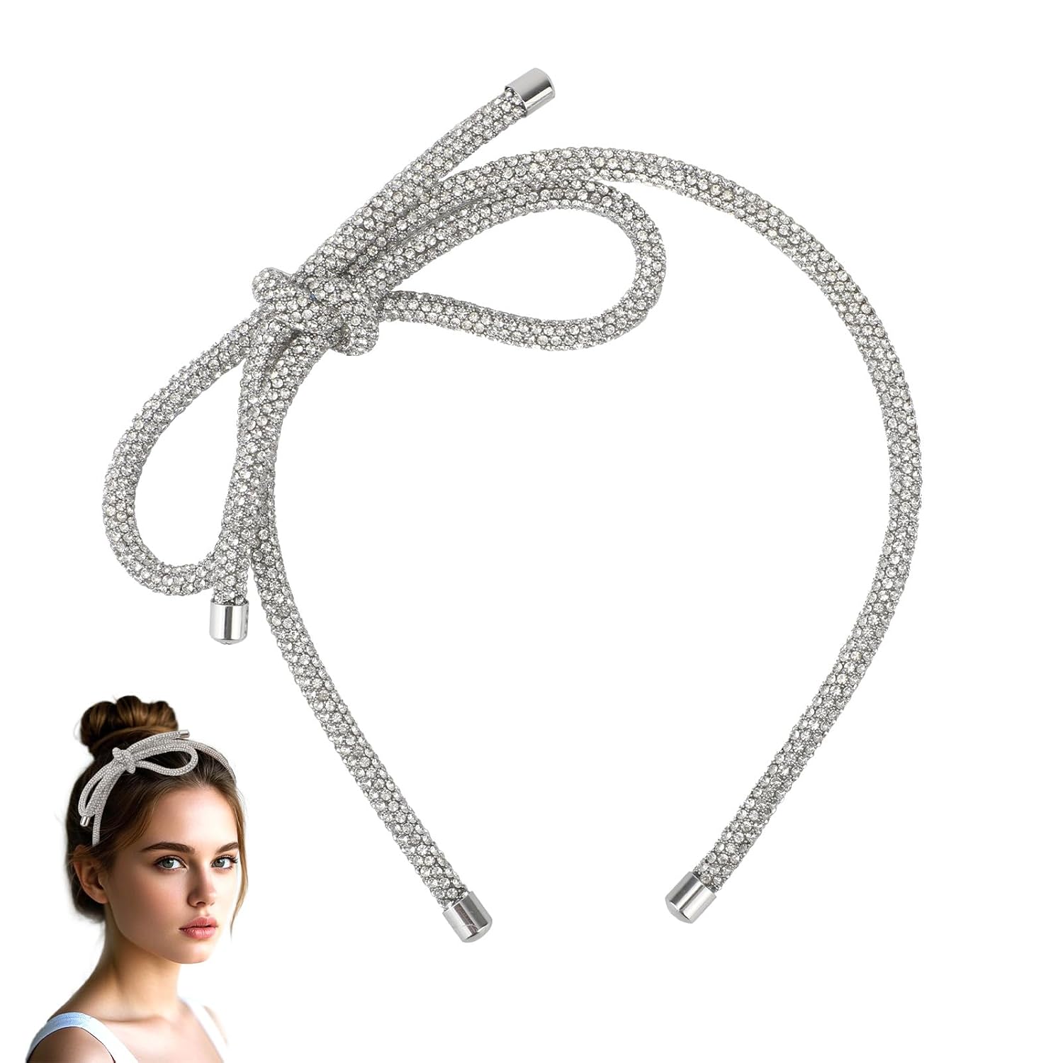Bow Headband, Rhinestone Hairband Crystal Hair Shiny Crown Bowknot Headband Non-Slip Accessories for Women Thick Thin Birthday Wedding Party (Silver) -