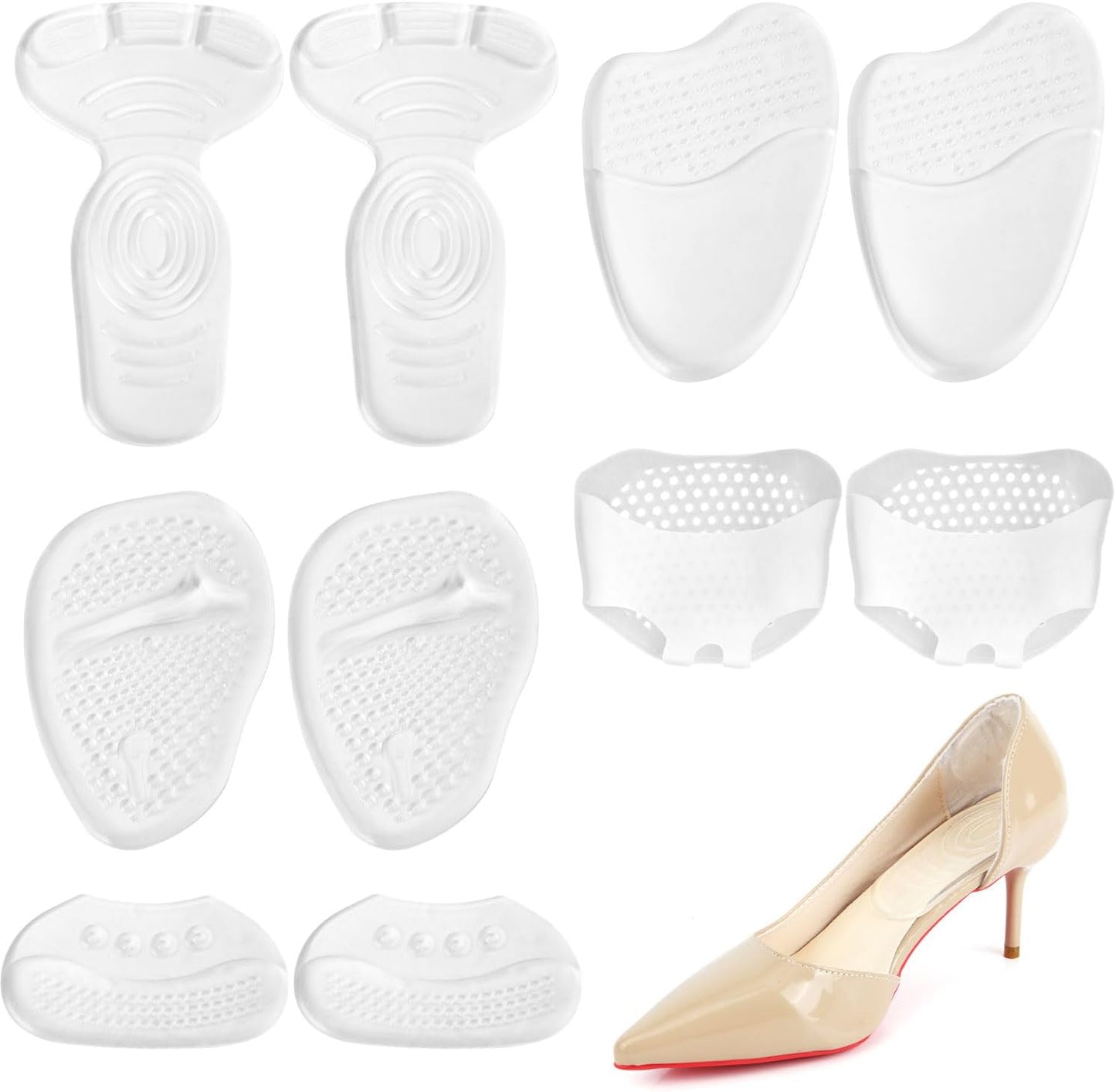 10pcs High Heel Comfort Pads, Gel Inserts Metatarsal Pads Clear Ball of Foot Cushions for Women Too Big Shoes Anti-Slip Heels Insoles, Strong Adhesive -