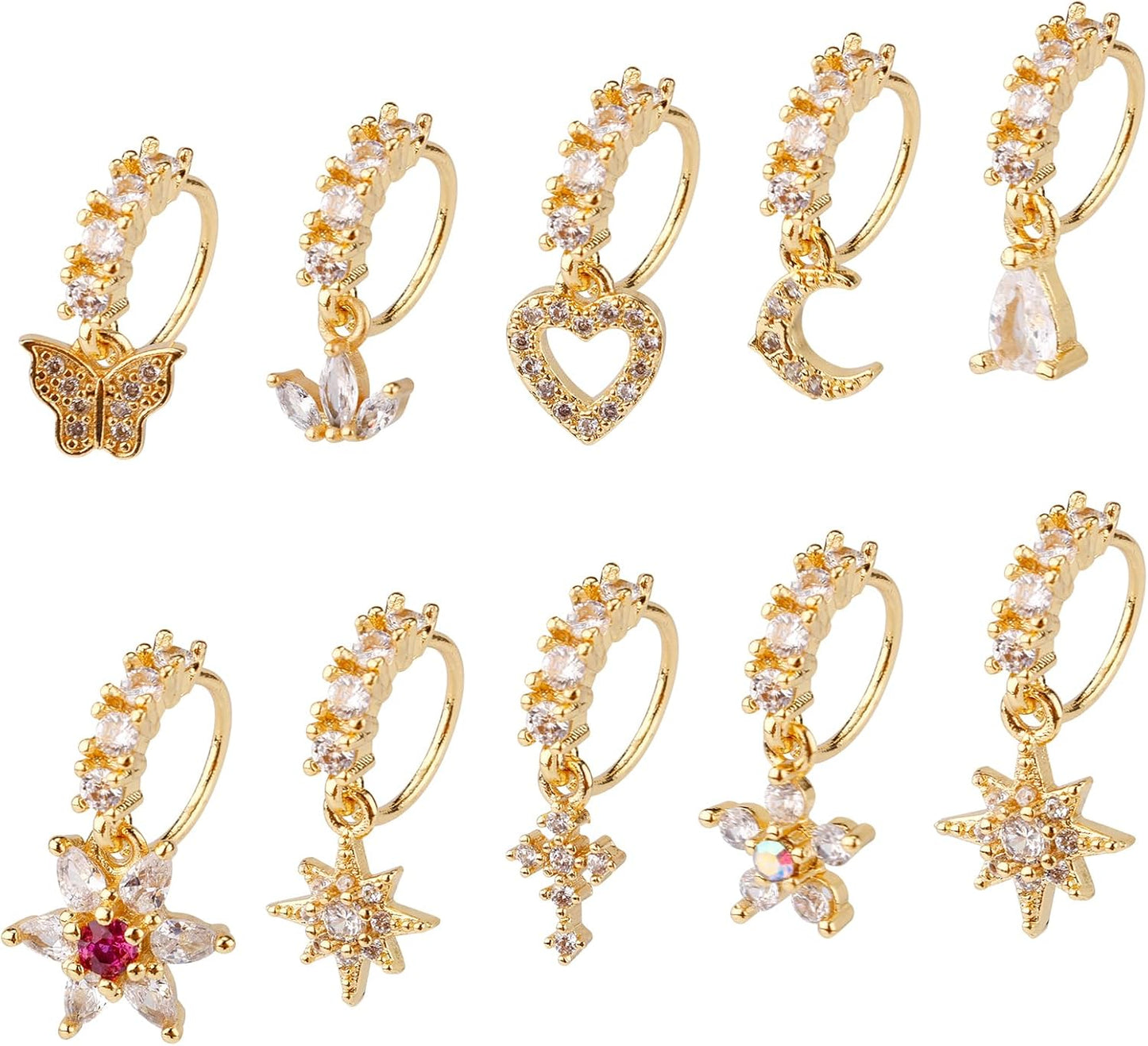 10 Pcs Dangle Nose Stud Rings Hoops, Copper Dainty Star Moon Heart Leaf Hoop Piercing Jewelry for Women Fashion Accessories(Gold) -