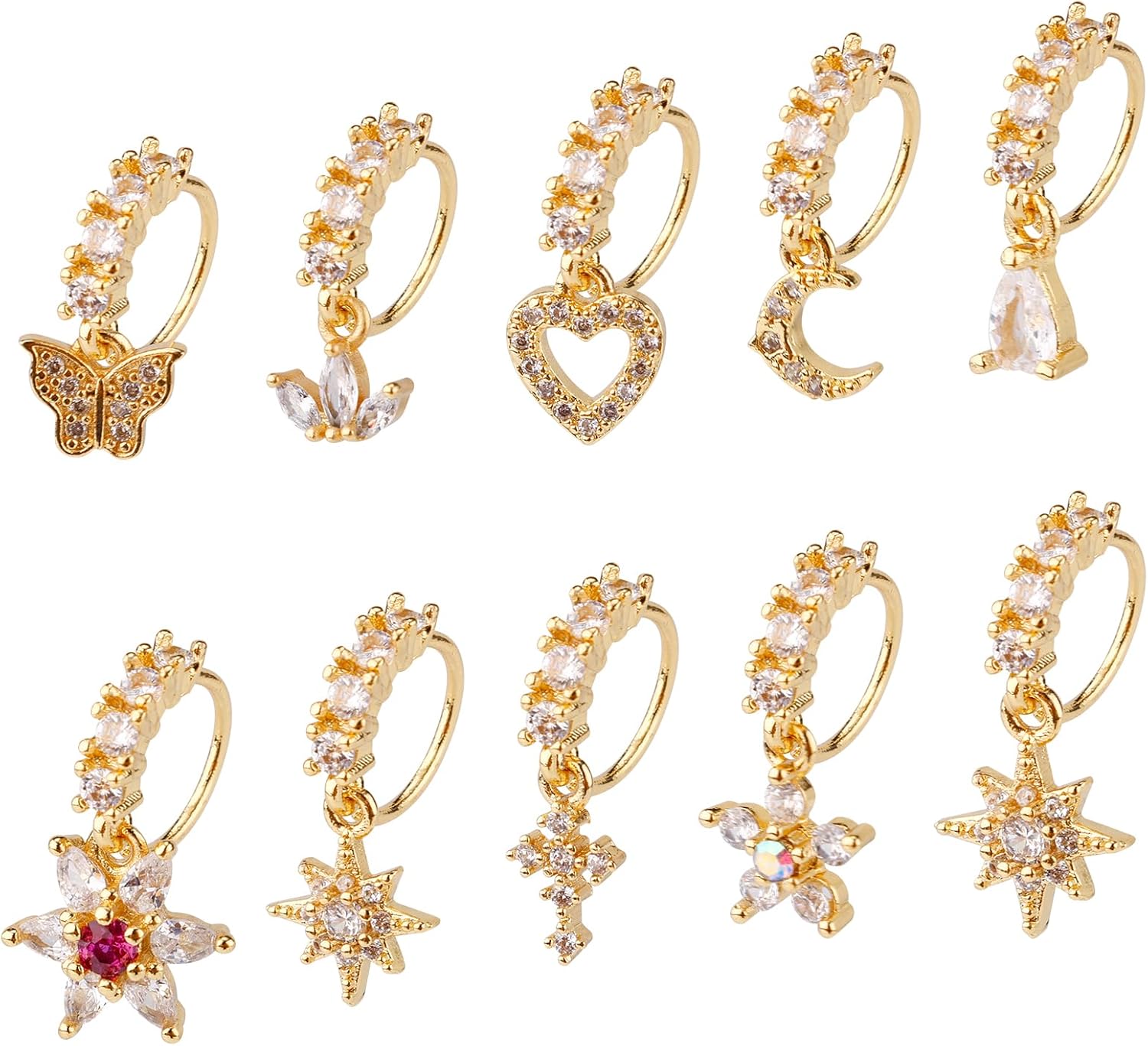 10 Pcs Dangle Nose Stud Rings Hoops, Copper Dainty Star Moon Heart Leaf Hoop Piercing Jewelry for Women Fashion Accessories(Gold) -