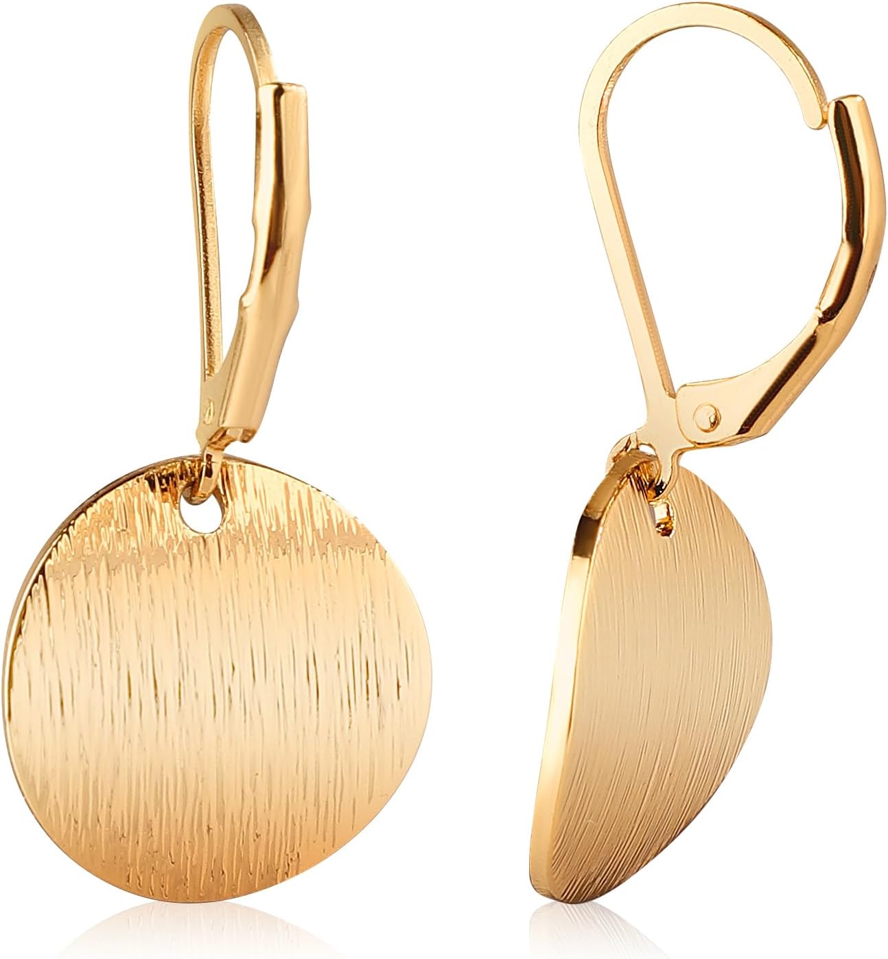 Gold Disc Drop Earrings, Small Leverback Plated Flat Dangle for Women -