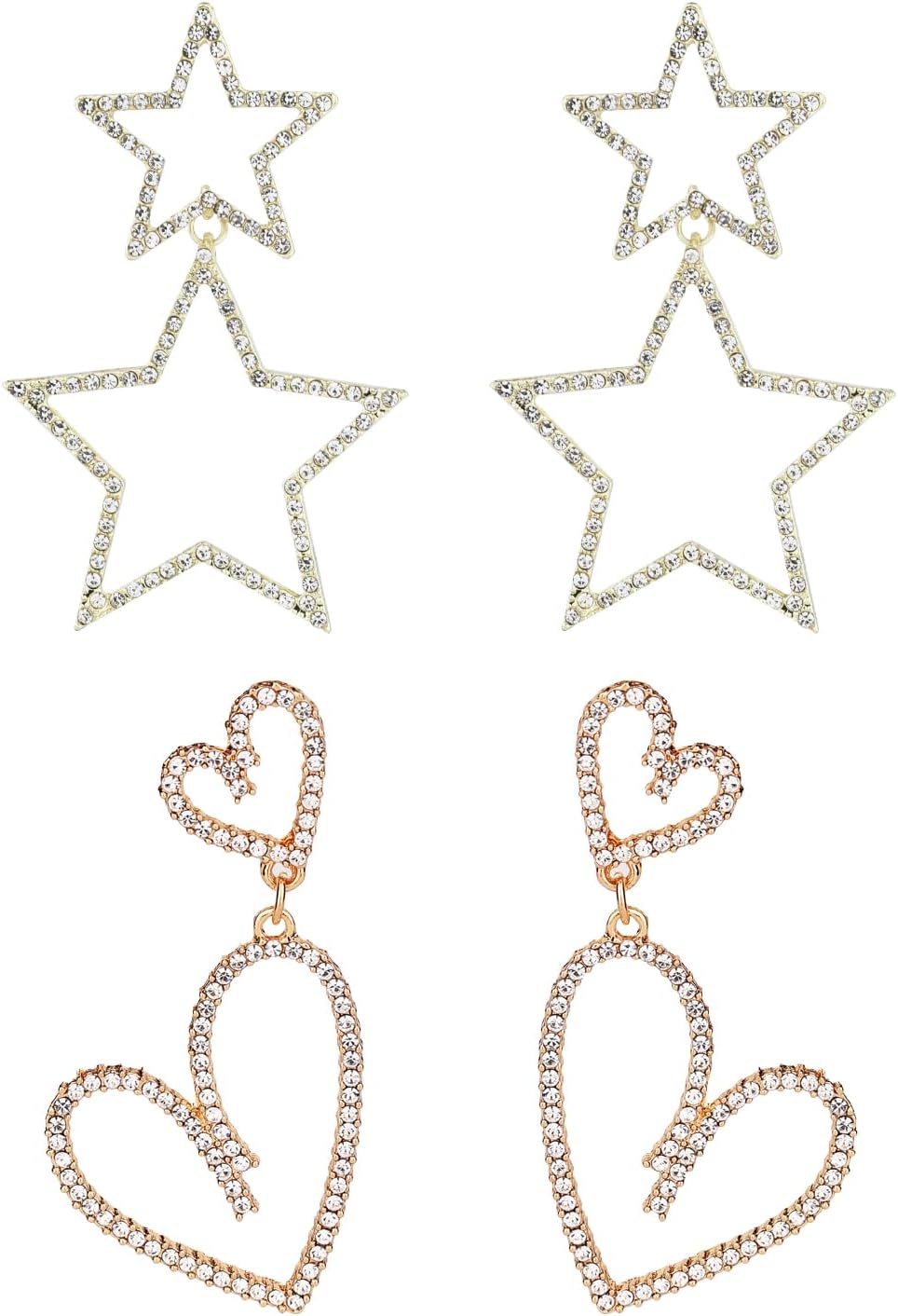 2 Pairs Rhinestone Big Star Earrings, Love Heart Dangle Earrings Crystal Sparkly Drop Jewelry for Women Wedding Birthday Party Valentines Day (Gold) -