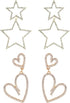 2 Pairs Rhinestone Big Star Earrings, Love Heart Dangle Earrings Crystal Sparkly Drop Jewelry for Women Wedding Birthday Party Valentines Day (Gold) -