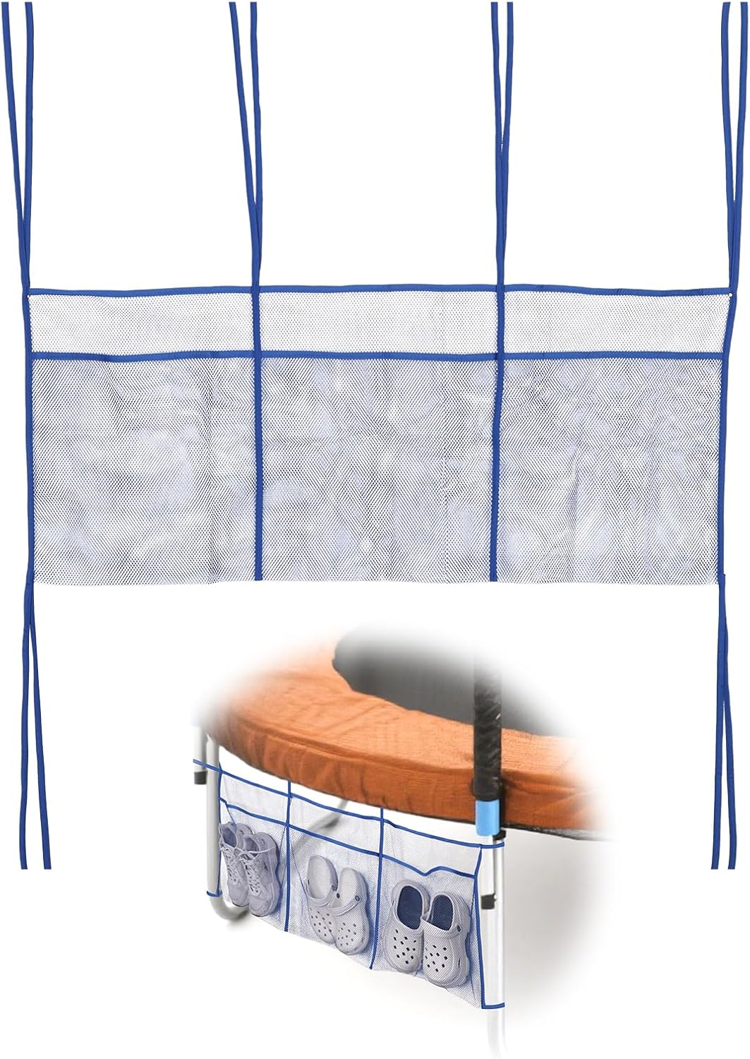 Trampoline Shoe Bag, 41.3x17.7in Polyester 3 Pouch Mesh Storage Holder Lager Capacity Net Organizer Practical Item Accessories for Shoes Toys (Blue) -