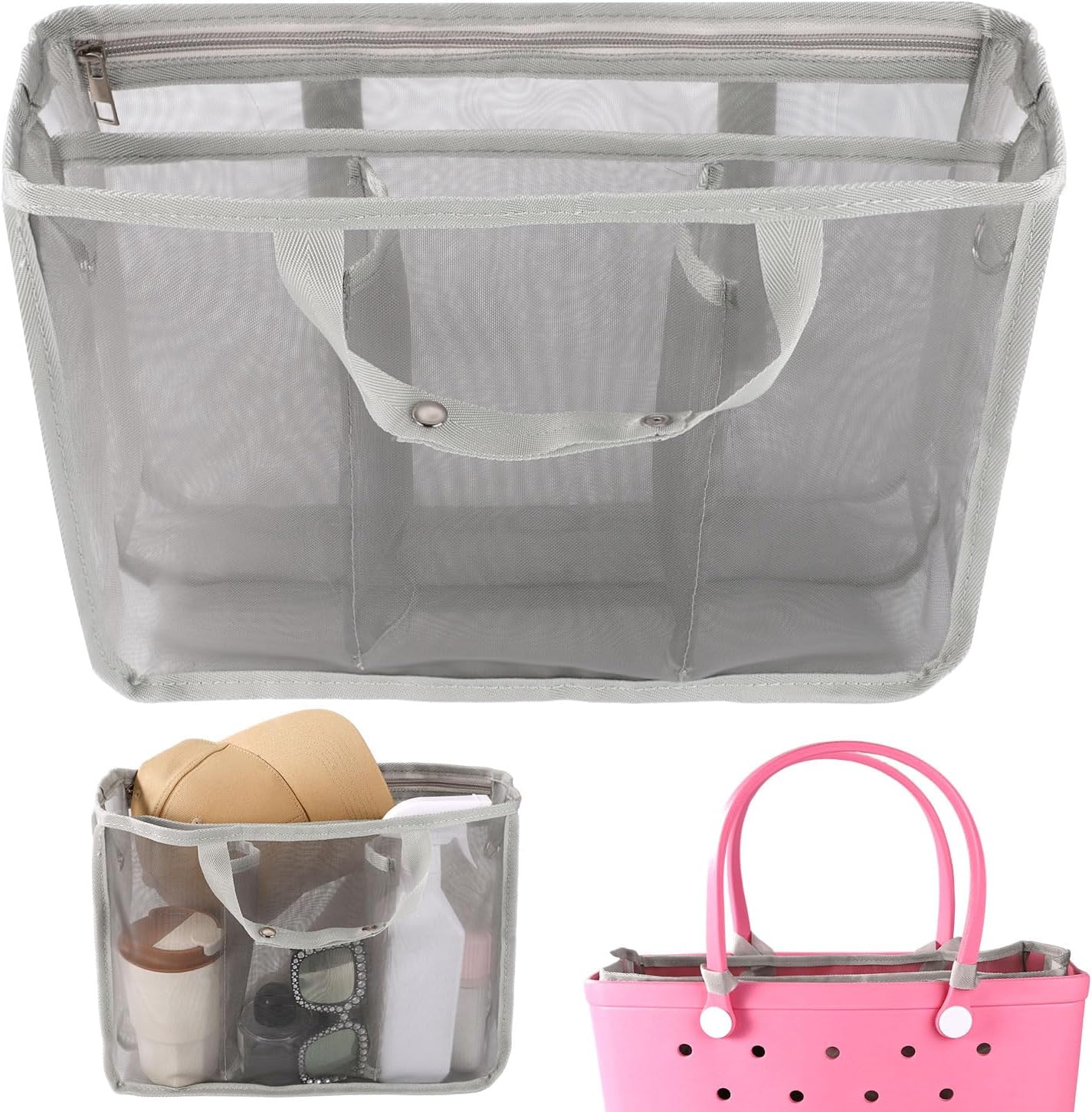 Beach Bag Storage Organizer Compatible with Baby Bogg Accessory Liners, Lightweight Mesh Pouch Divider Insert Zipper for Organizing -
