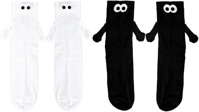 2 Pairs Couple Magnetic Socks, 3D Friendship Hand Holding Socks - Funny Cute for Women Men (White, Black)