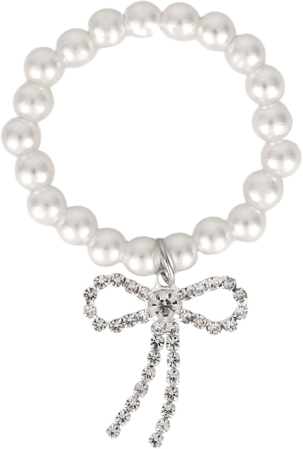 Doll Necklace, Elegant Sweet White Pearl Necklace Cute Accessories for 17cm Plush Dolls Chain Jewelry & Outfit Decoration (Rhinestone Ribbon Charm) -