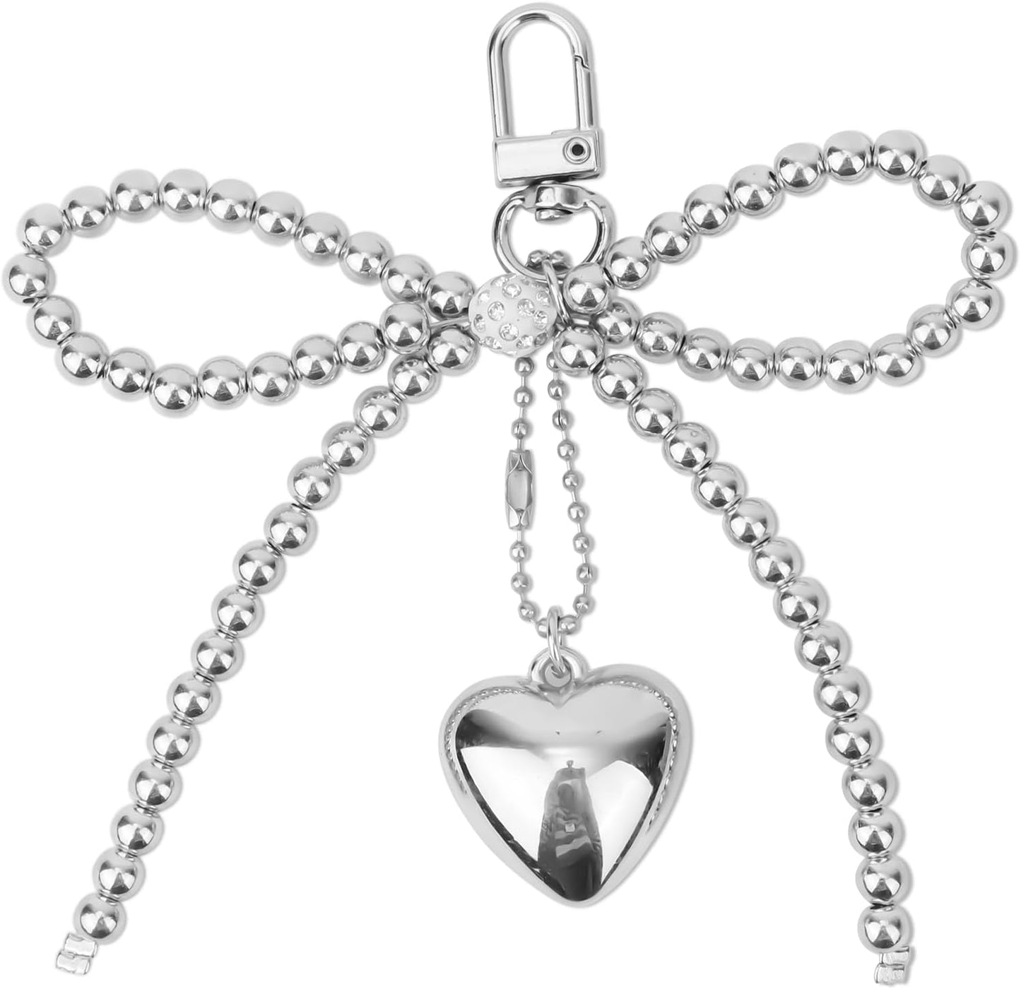 Bow Bag Charm, Silver Beaded Phone Charm Heart Pendant Pearl Keychain for Women Fashionable Bowknot Hanging Accessories Bags, Purses, Wallets, Mobile Phones, Keys, Car Keys -
