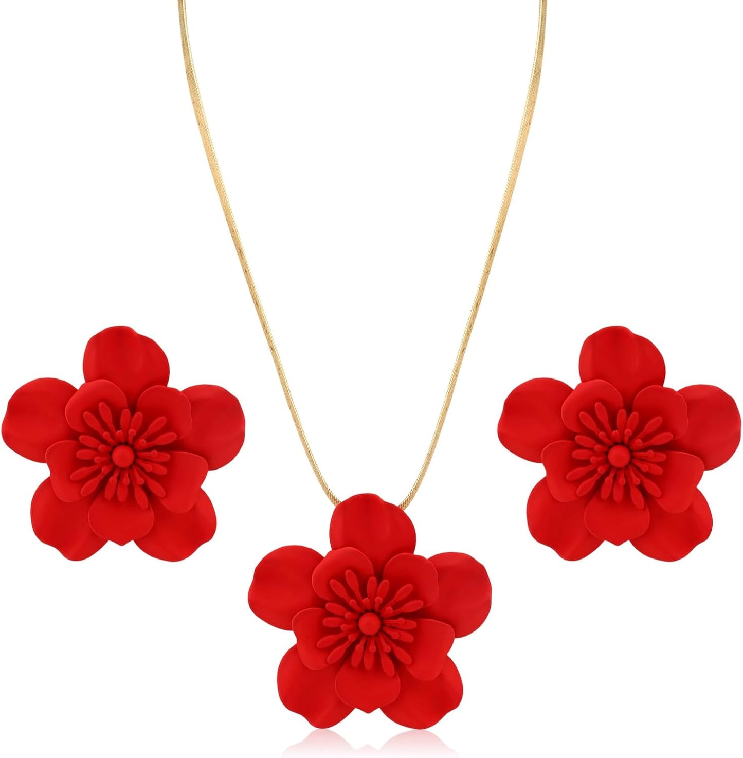 Red Necklace and Earring Set, Bohemian Set for Women Summer Beach Jewelry Flower Charm Wedding Bridal Gift -
