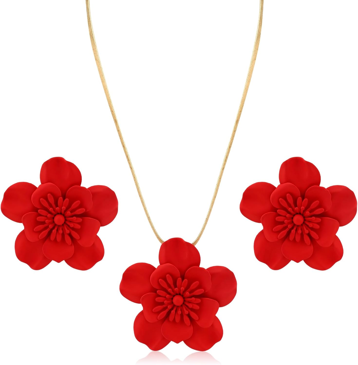 Red Necklace and Earring Set, Bohemian Set for Women Summer Beach Jewelry Flower Charm Wedding Bridal Gift -