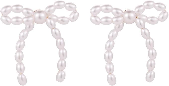 Pearl Bowknot Earrings, 1.38in Elegant Bow Knot Stud Earrings Sterling Silver Post Drop for Women, Fashion Jewelry Dangle Gift Women -