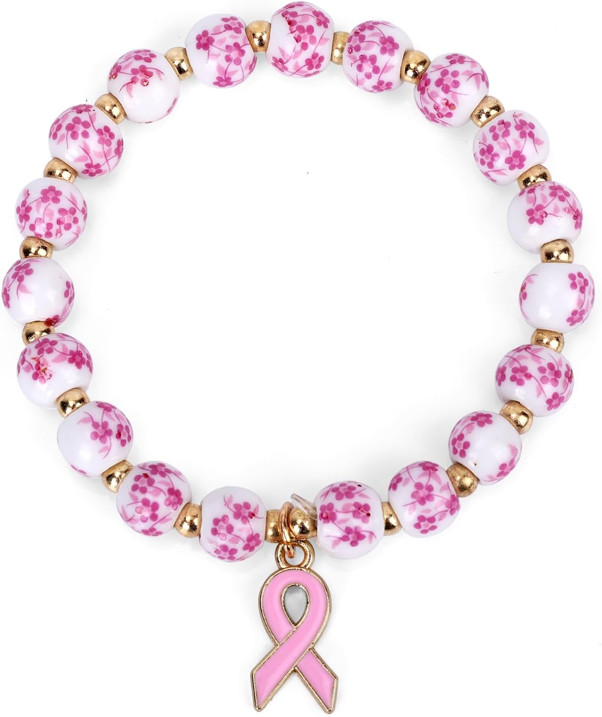 Breast Awareness Bracelets, Pink Ribbon Charm Beaded Bracelet Care Inspirational Jewelry Accessories for Women Friends Family Loved Ones -