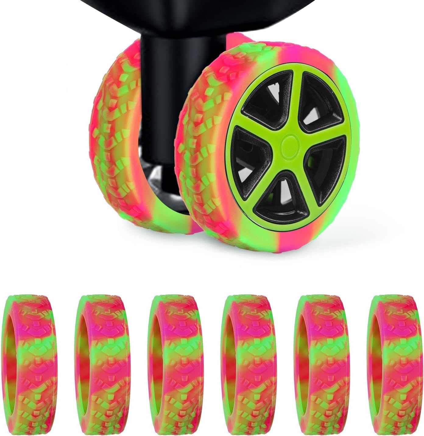Luggage Wheel Covers, 8pcs Thickened Silicone Spinner Protectors, Noise Reducing, Rose Red + Green -