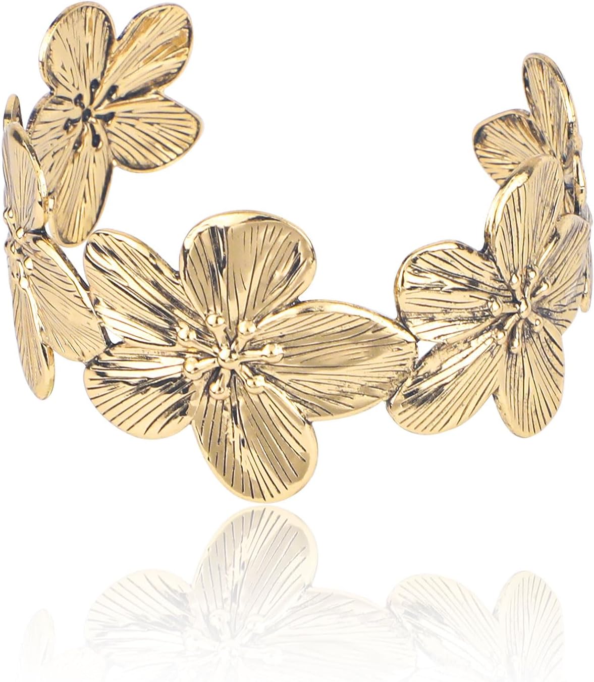 Gold Chunky Bracelet for Women, Open Cuff Bangle Vintage Flower Elegant Statement Fashion Jewelry Gift -