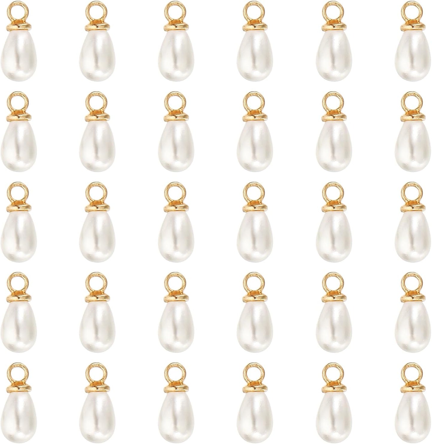 Pearl Charm, 50Pcs Beads Teardrop Faux Pendant Charm with Loop for Jewelry Making Bracelets Earrings Necklace Gold 7x5mm