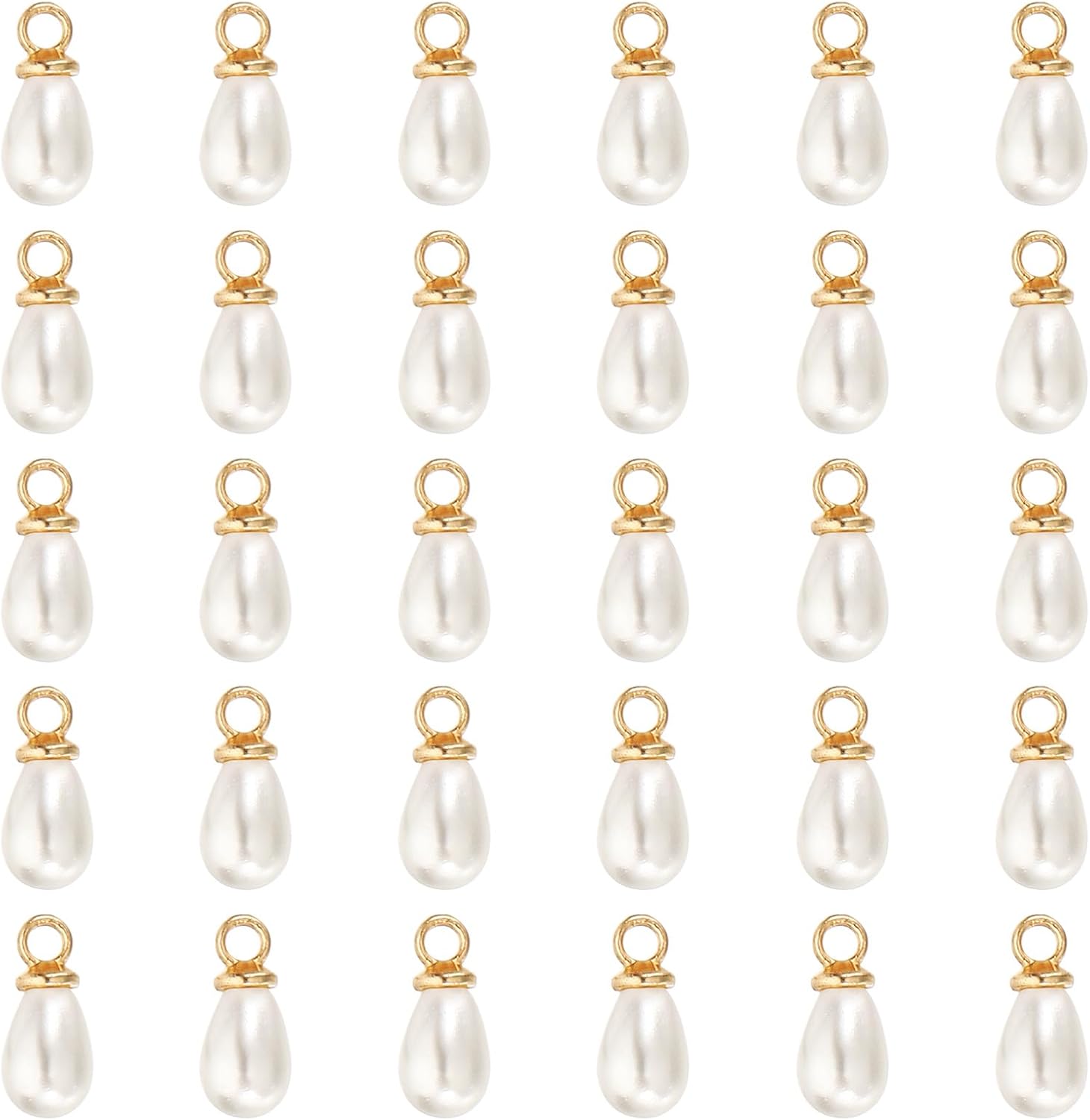Pearl Charm, 50Pcs Beads Teardrop Faux Pendant Charm with Loop for Jewelry Making Bracelets Earrings Necklace Gold 7x5mm