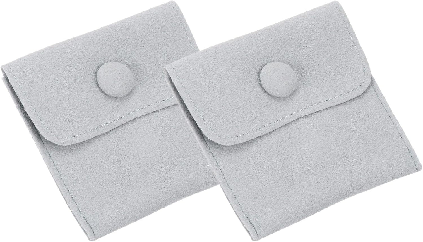 3x3 Inch Jewelry Pouch, 2 Pack Velvet Pouches Snap Button Storage Bags Present Pouch for Earrings Bracelets Necklaces Rings Watch, Light Grey