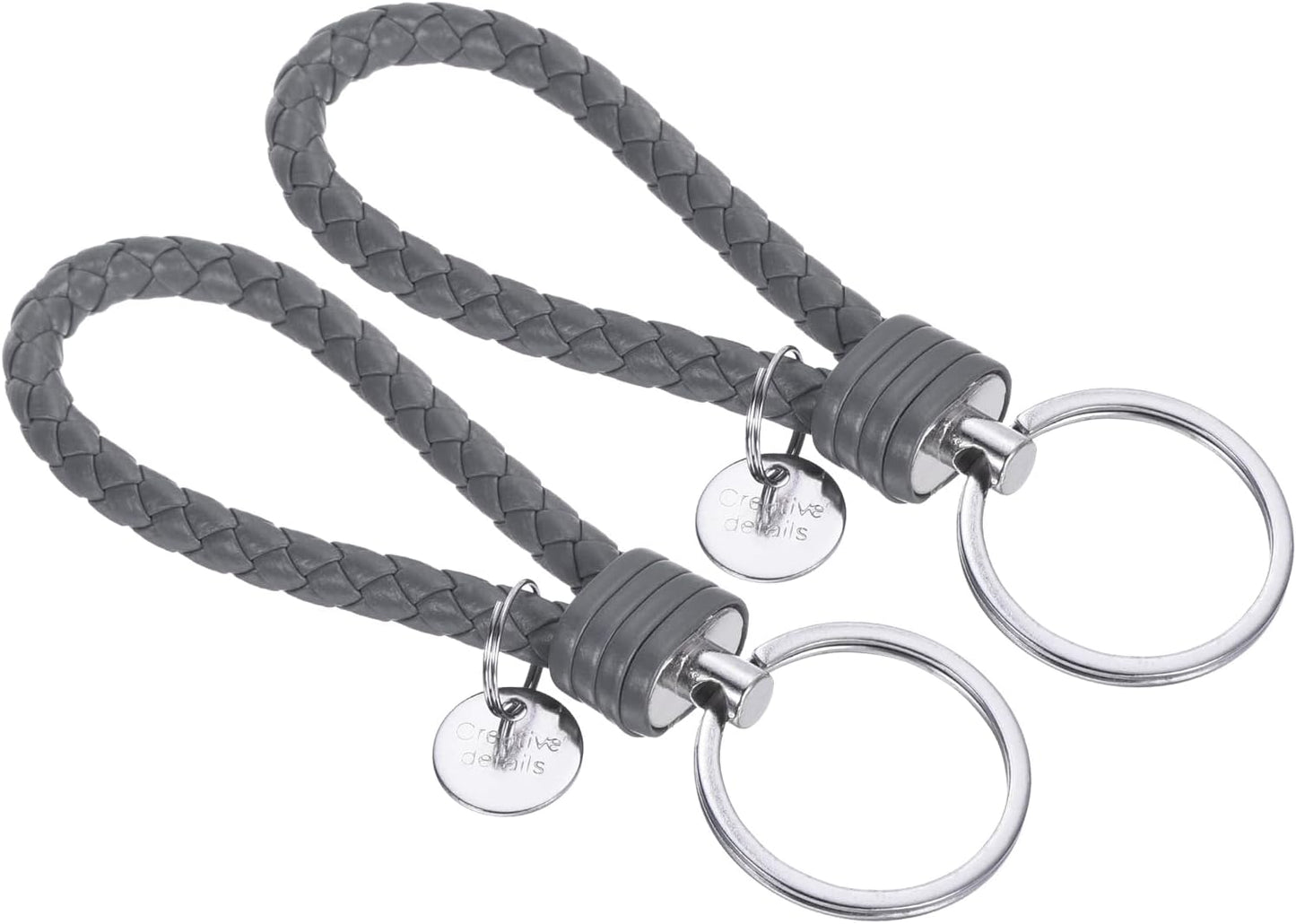 Braided Leather Keychain with Stainless Steel Key Ring Sleeves, PU Woven Wristlet Lanyard Strap Fob Keyring Holder Gray -