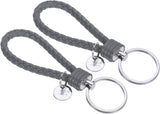 Braided Leather Keychain with Stainless Steel Key Ring Sleeves, PU Woven Wristlet Lanyard Strap Fob Keyring Holder Gray -