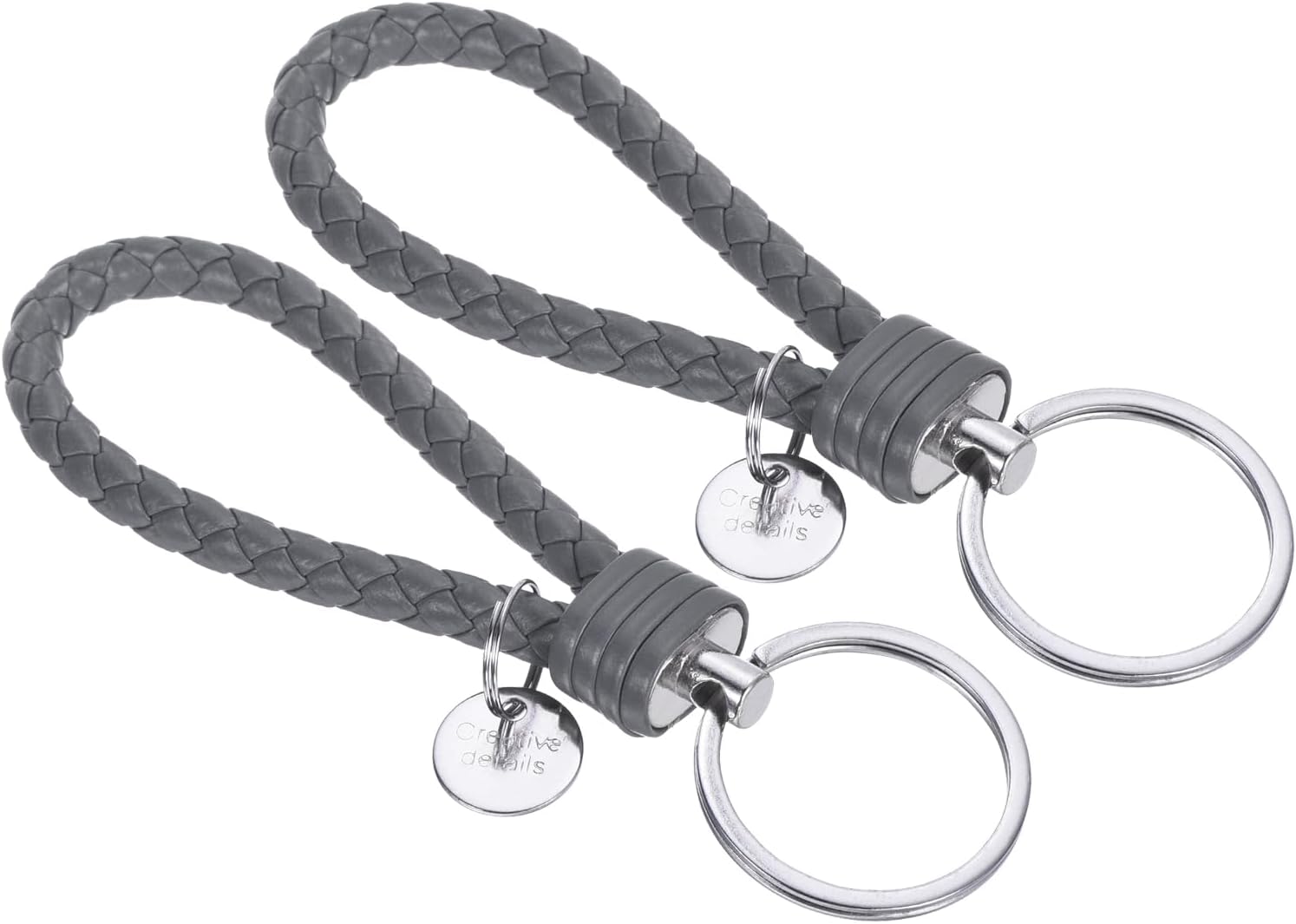 Braided Leather Keychain with Stainless Steel Key Ring Sleeves, PU Woven Wristlet Lanyard Strap Fob Keyring Holder Gray -